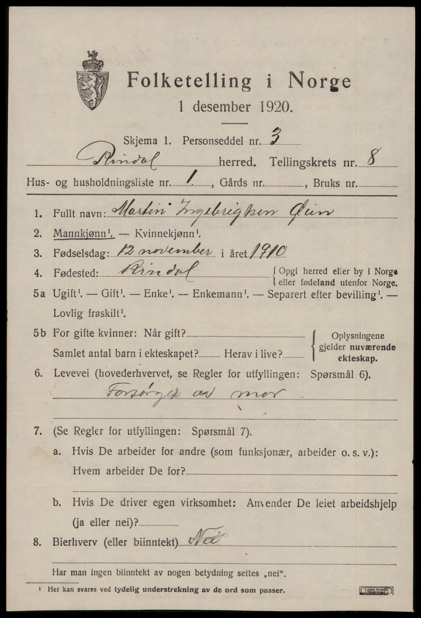 SAT, 1920 census for Rindal, 1920, p. 3948