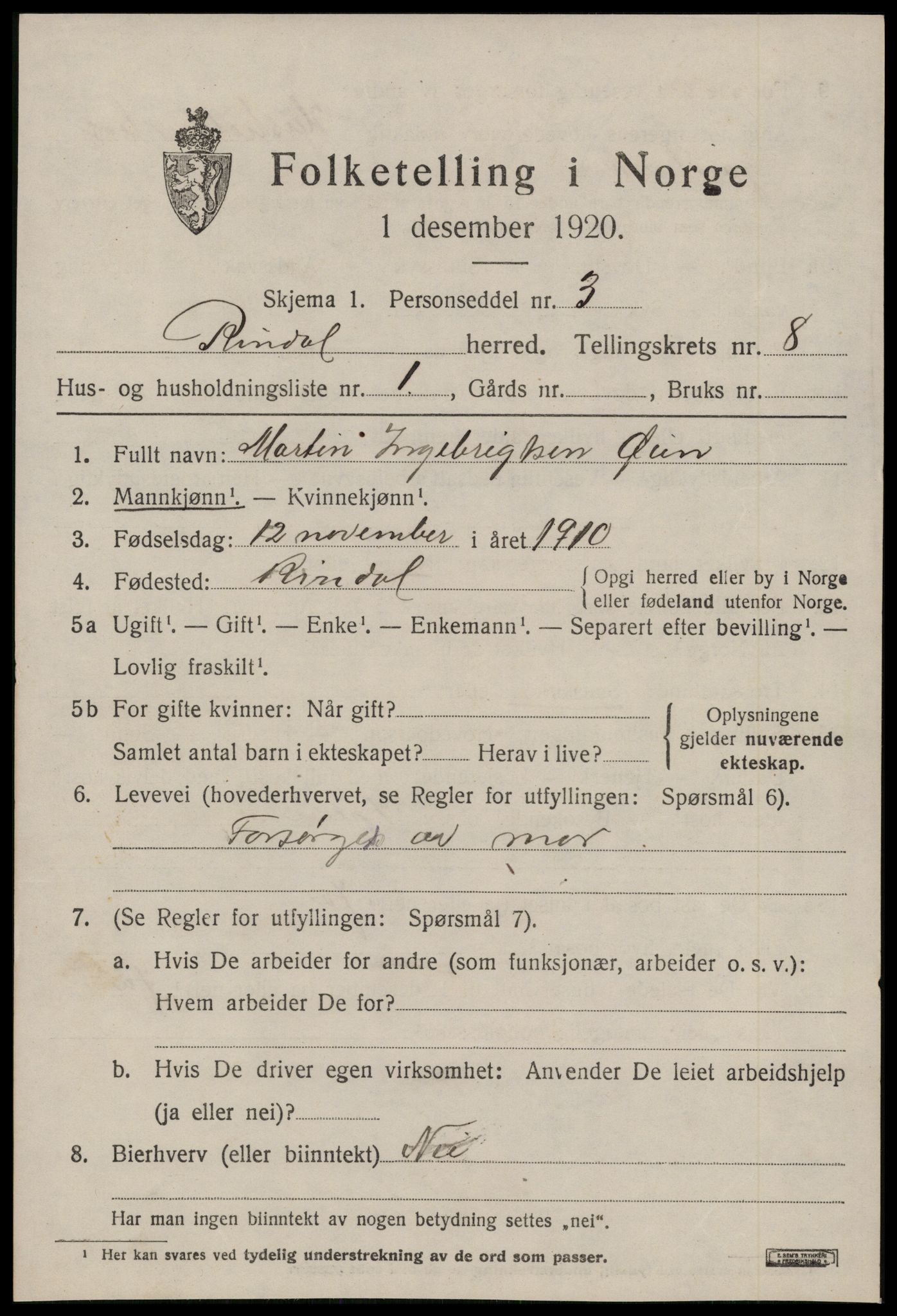 SAT, 1920 census for Rindal, 1920, p. 3948