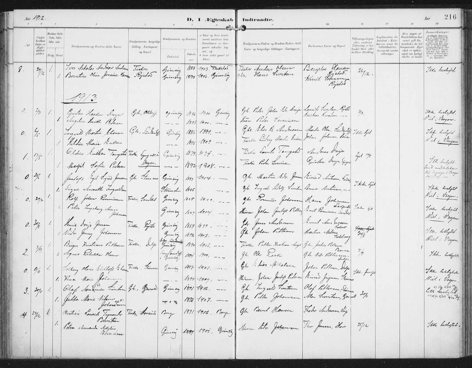 Ministerialprotokoller, klokkerbøker og fødselsregistre - Nordland, AV/SAT-A-1459/876/L1098: Parish register (official) no. 876A04, 1896-1915, p. 216