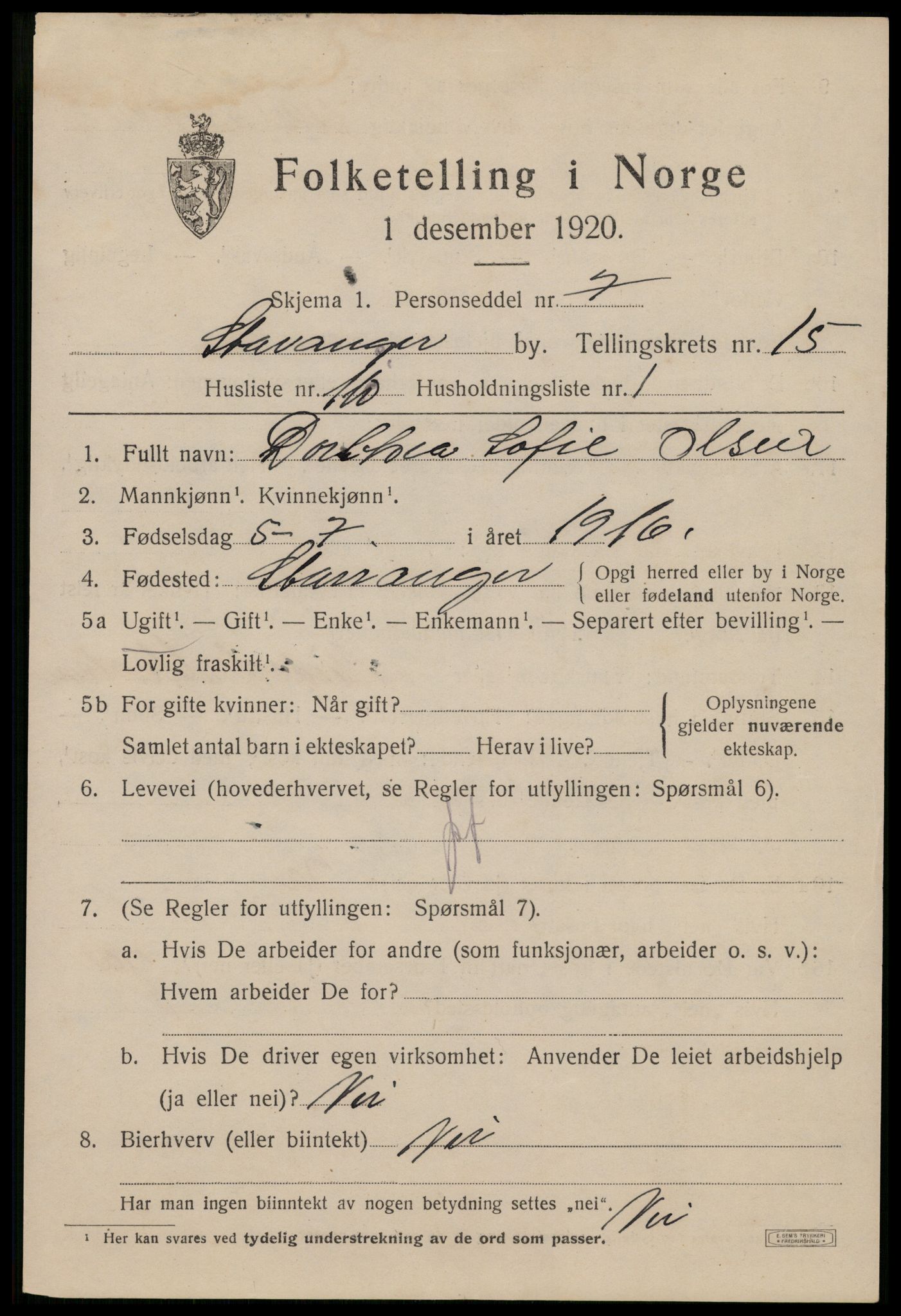 SAST, 1920 census for Stavanger, 1920, p. 63174