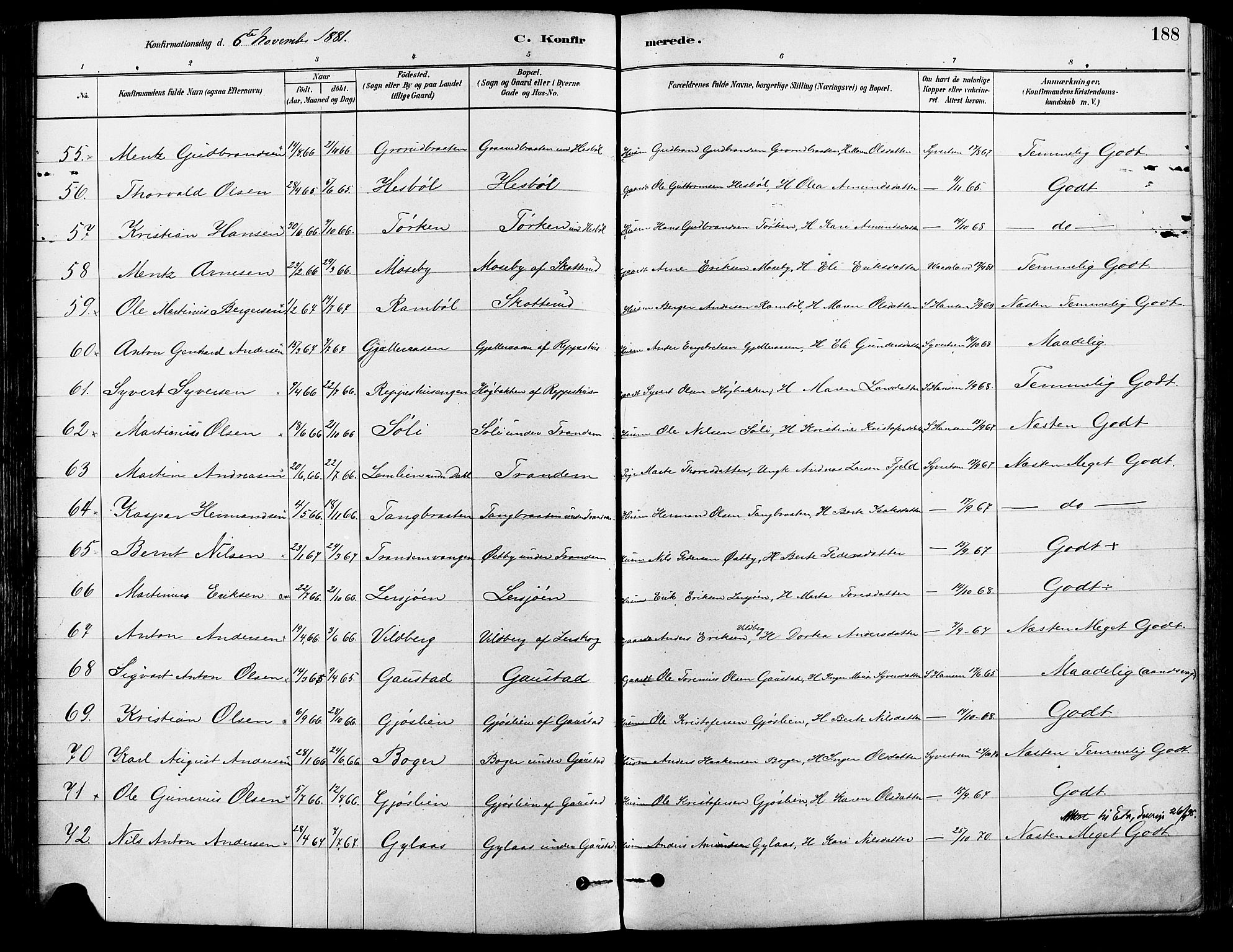 Eidskog prestekontor, AV/SAH-PREST-026/H/Ha/Haa/L0003: Parish register (official) no. 3, 1879-1892, p. 188