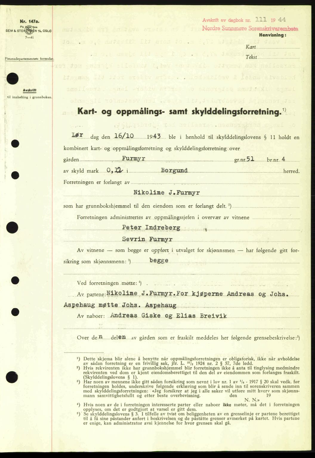 Nordre Sunnmøre sorenskriveri, AV/SAT-A-0006/1/2/2C/2Ca: Mortgage book no. A17, 1943-1944, Diary no: : 111/1944