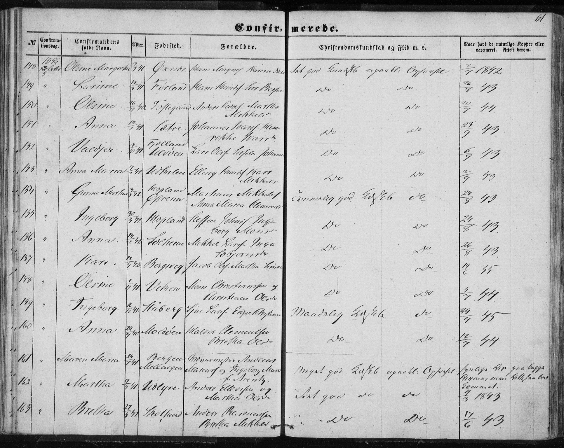 Lindås Sokneprestembete, AV/SAB-A-76701/H/Haa/Haaa/L0013: Parish register (official) no. A 13, 1848-1862, p. 61