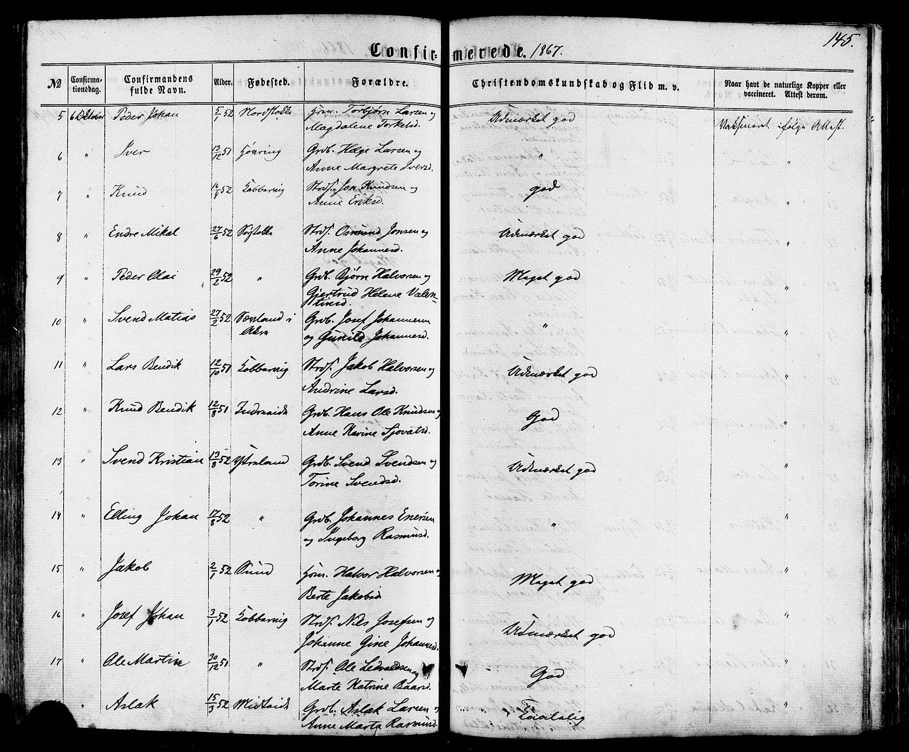 Avaldsnes sokneprestkontor, SAST/A -101851/H/Ha/Haa/L0011: Parish register (official) no. A 11, 1861-1880, p. 145