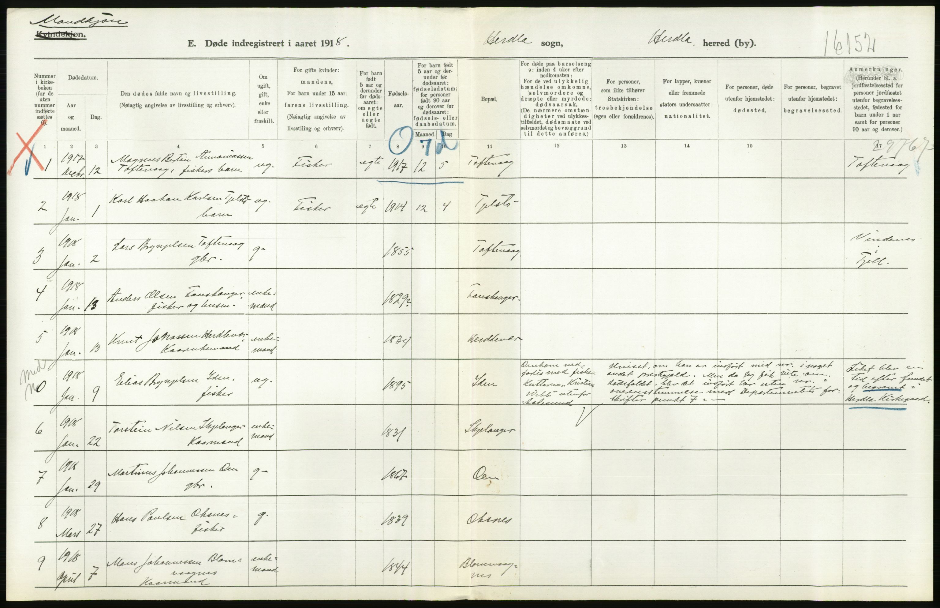 Statistisk sentralbyrå, Sosiodemografiske emner, Befolkning, AV/RA-S-2228/D/Df/Dfb/Dfbh/L0036: Hordaland fylke: Døde., 1918, p. 254