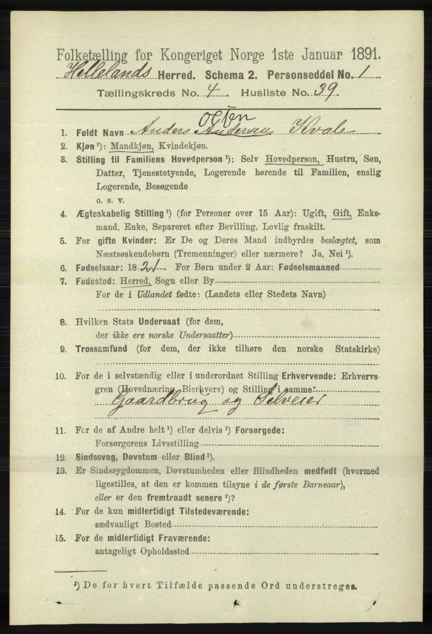 RA, 1891 census for 1115 Helleland, 1891, p. 1409