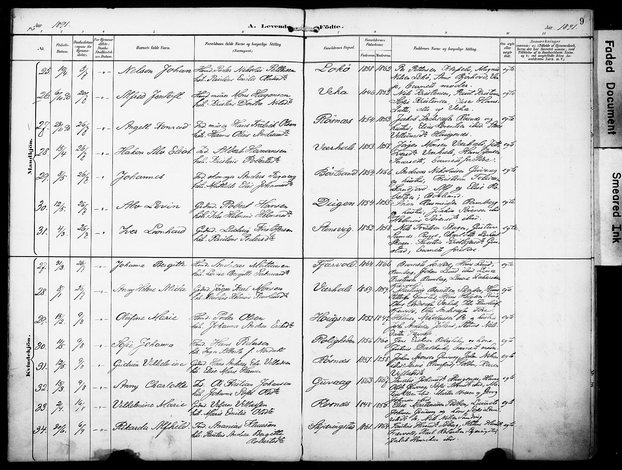 Ministerialprotokoller, klokkerbøker og fødselsregistre - Nordland, AV/SAT-A-1459/891/L1303: Parish register (official) no. 891A08, 1891-1894, p. 9
