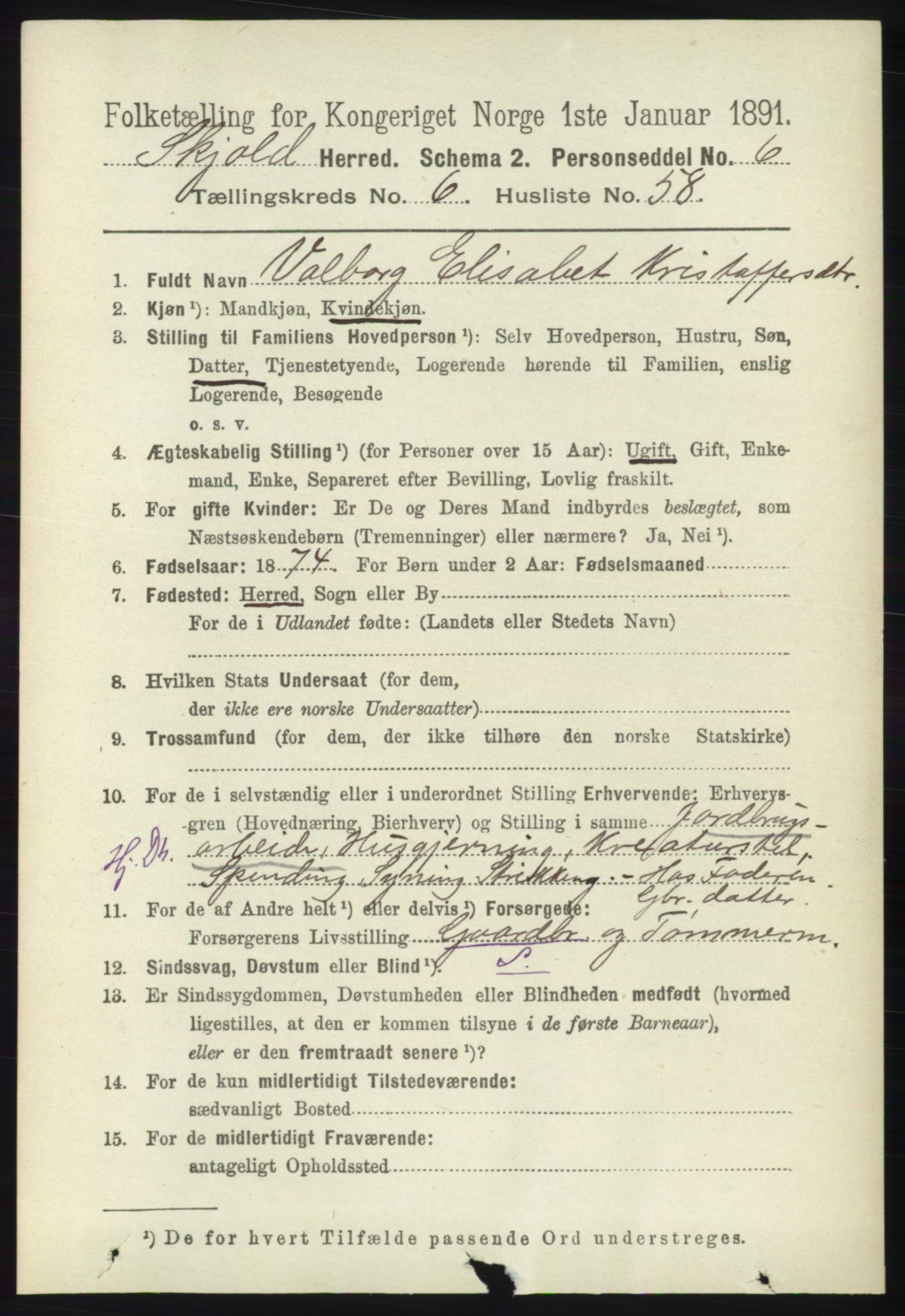 RA, 1891 census for 1154 Skjold, 1891, p. 1298