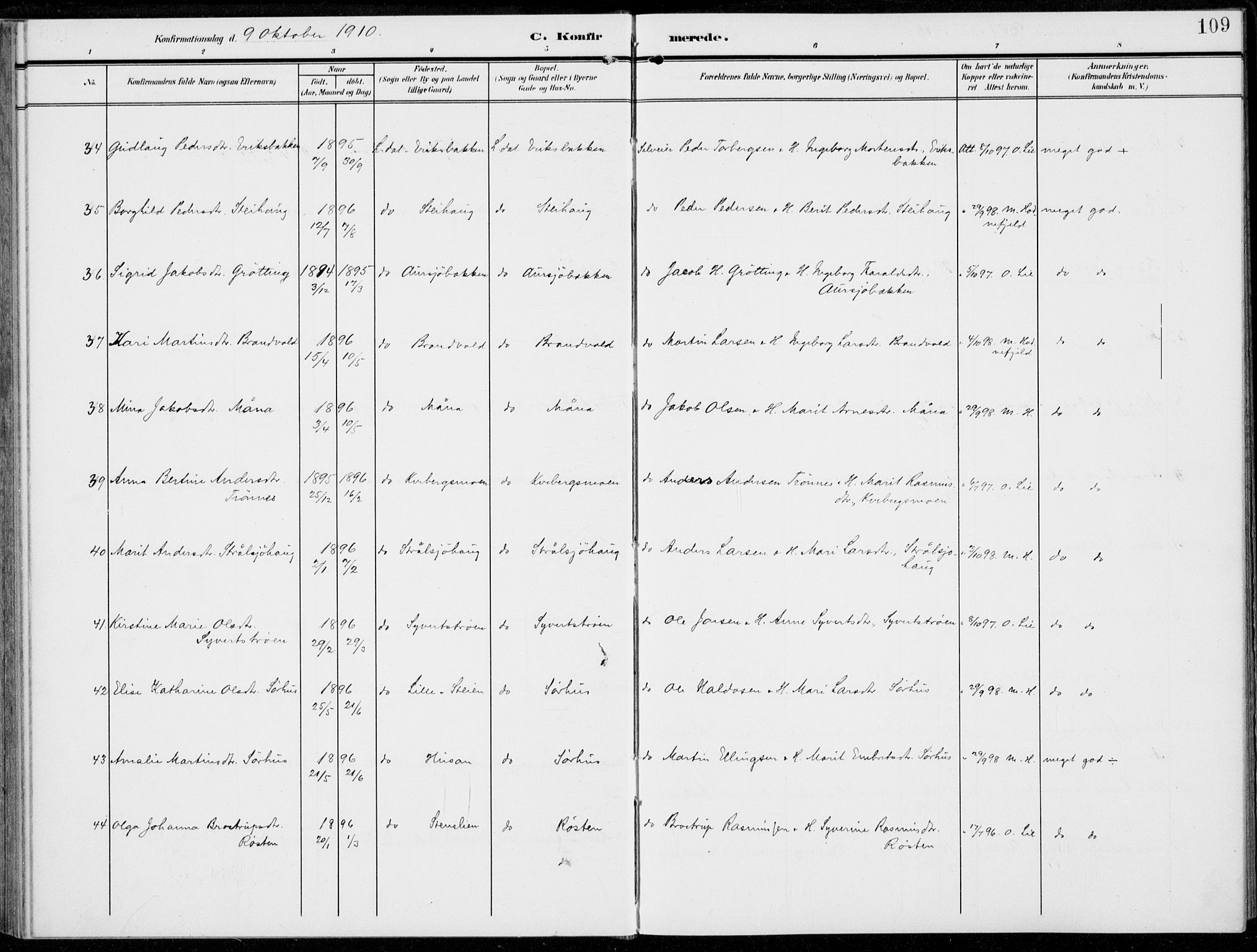 Alvdal prestekontor, AV/SAH-PREST-060/H/Ha/Haa/L0004: Parish register (official) no. 4, 1907-1919, p. 109