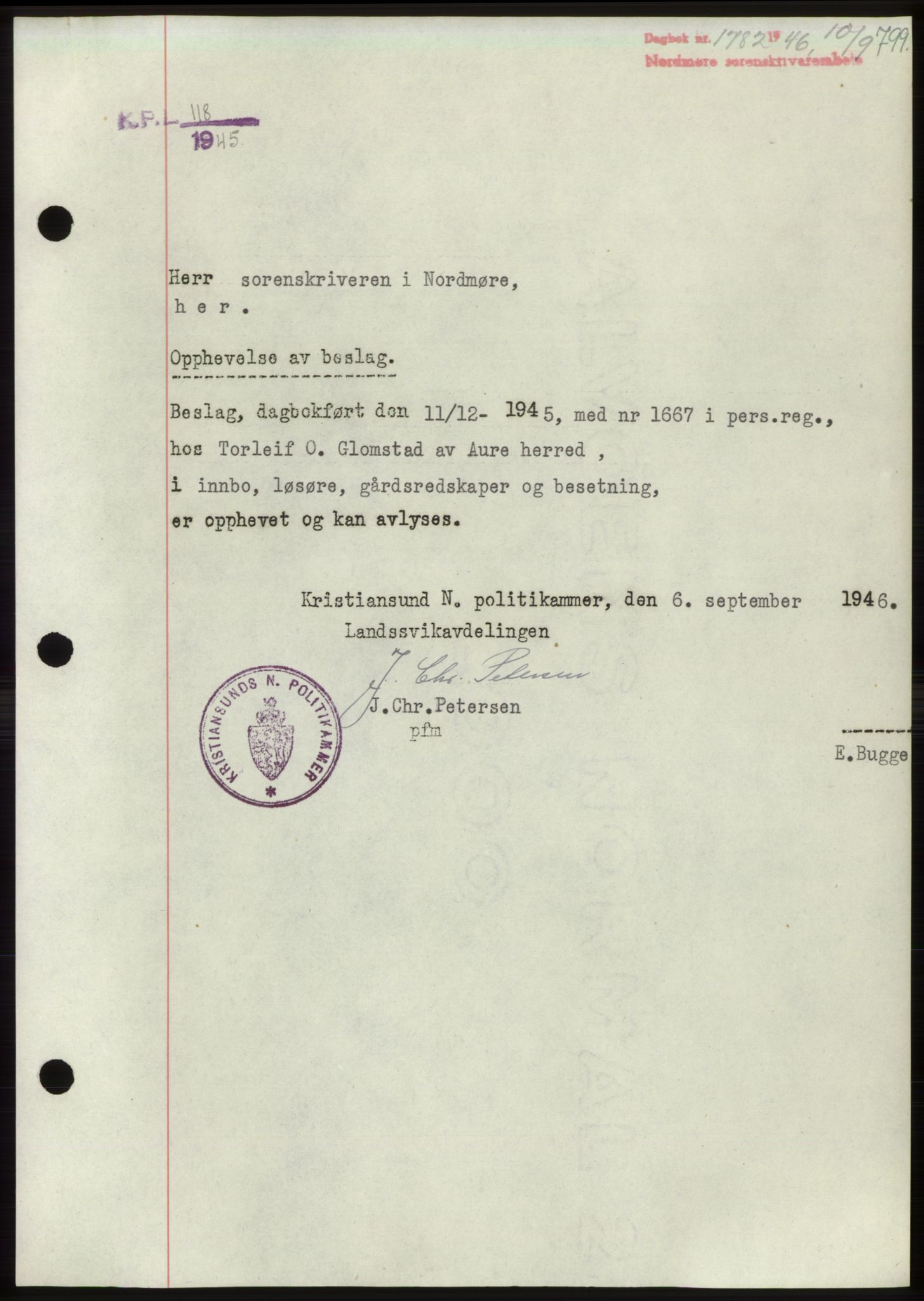 Nordmøre sorenskriveri, AV/SAT-A-4132/1/2/2Ca: Mortgage book no. B94, 1946-1946, Diary no: : 1782/1946