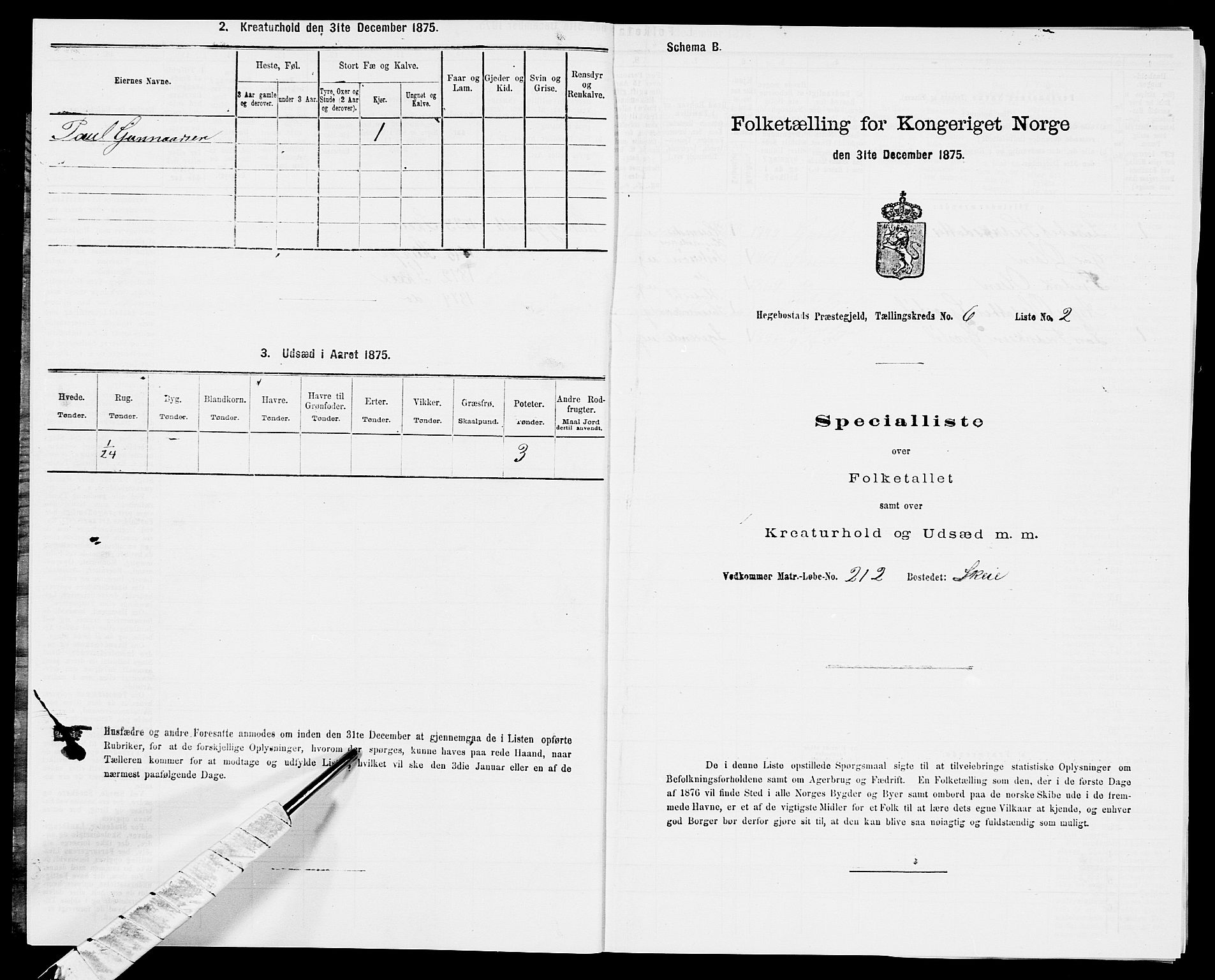 SAK, 1875 census for 1034P Hægebostad, 1875, p. 581