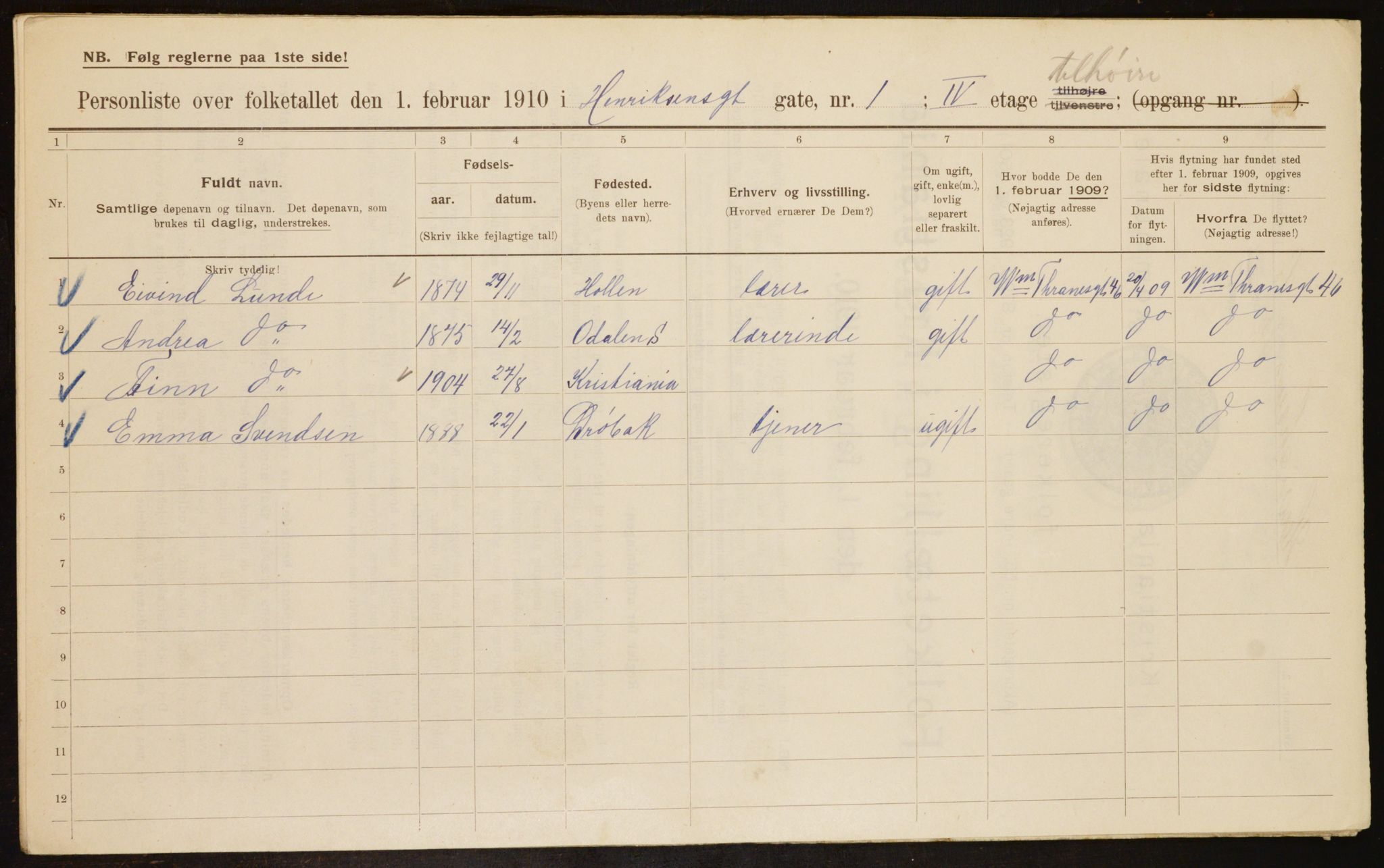 OBA, Municipal Census 1910 for Kristiania, 1910, p. 37794