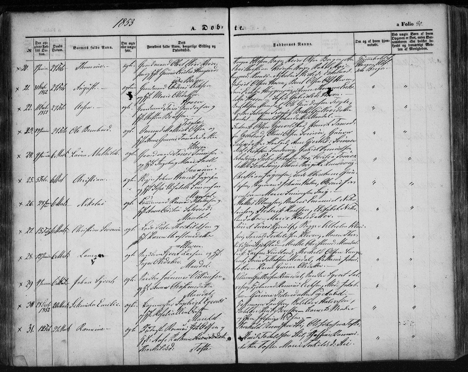 Mandal sokneprestkontor, AV/SAK-1111-0030/F/Fa/Faa/L0013: Parish register (official) no. A 13, 1847-1859, p. 80