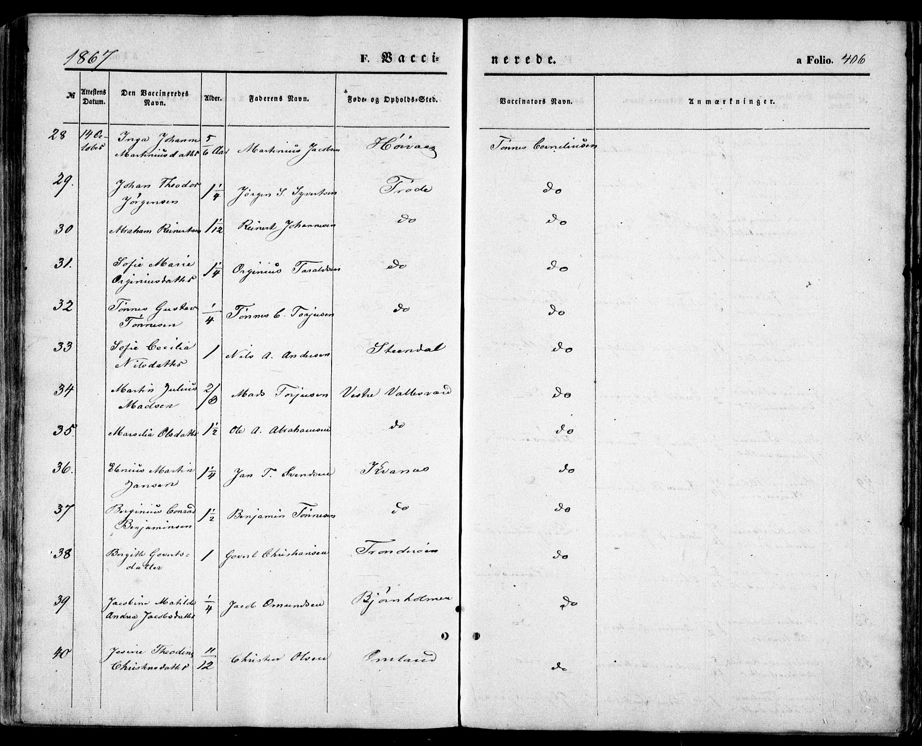 Høvåg sokneprestkontor, SAK/1111-0025/F/Fa/L0004: Parish register (official) no. A 4, 1859-1877, p. 406