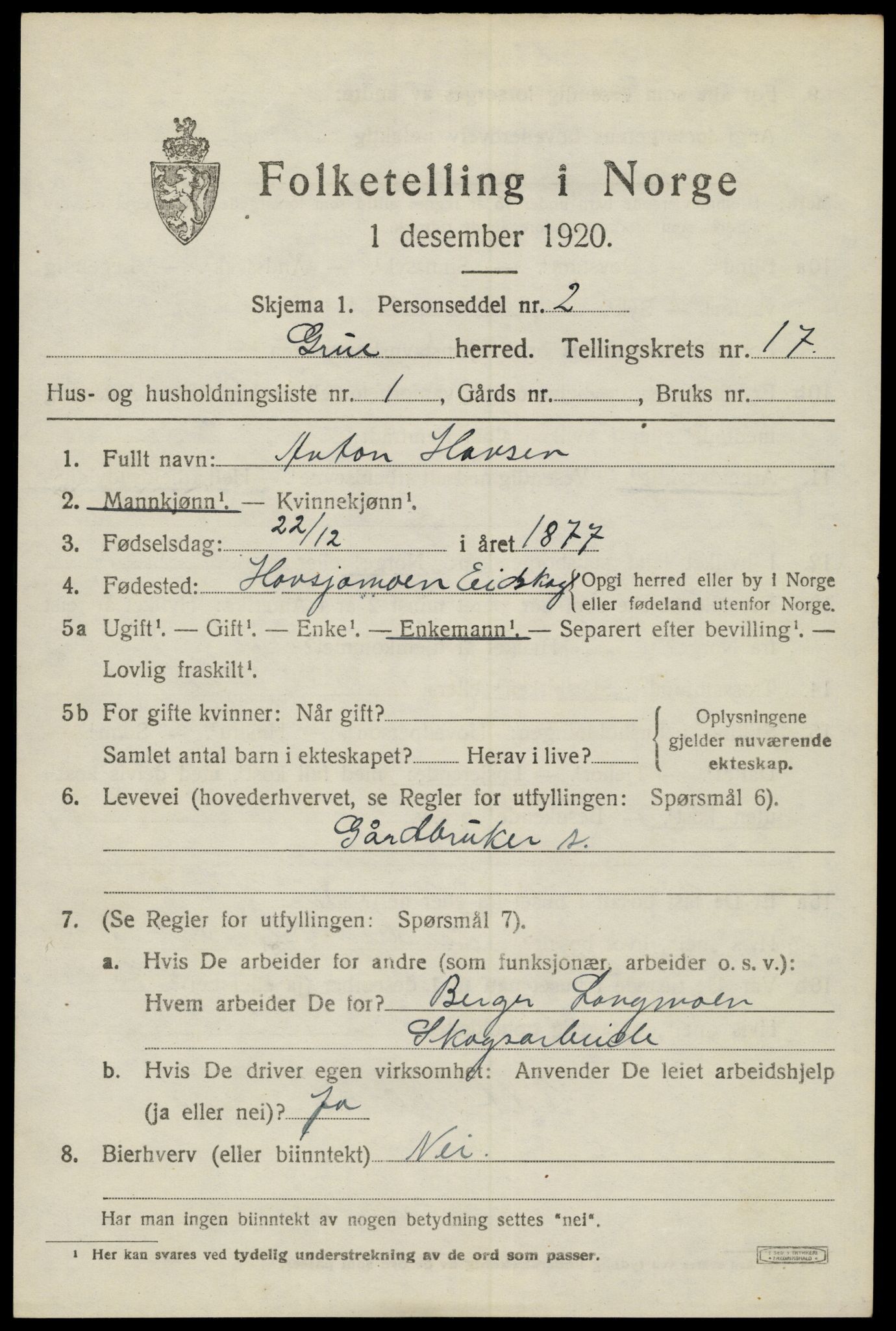 SAH, 1920 census for Grue, 1920, p. 13731