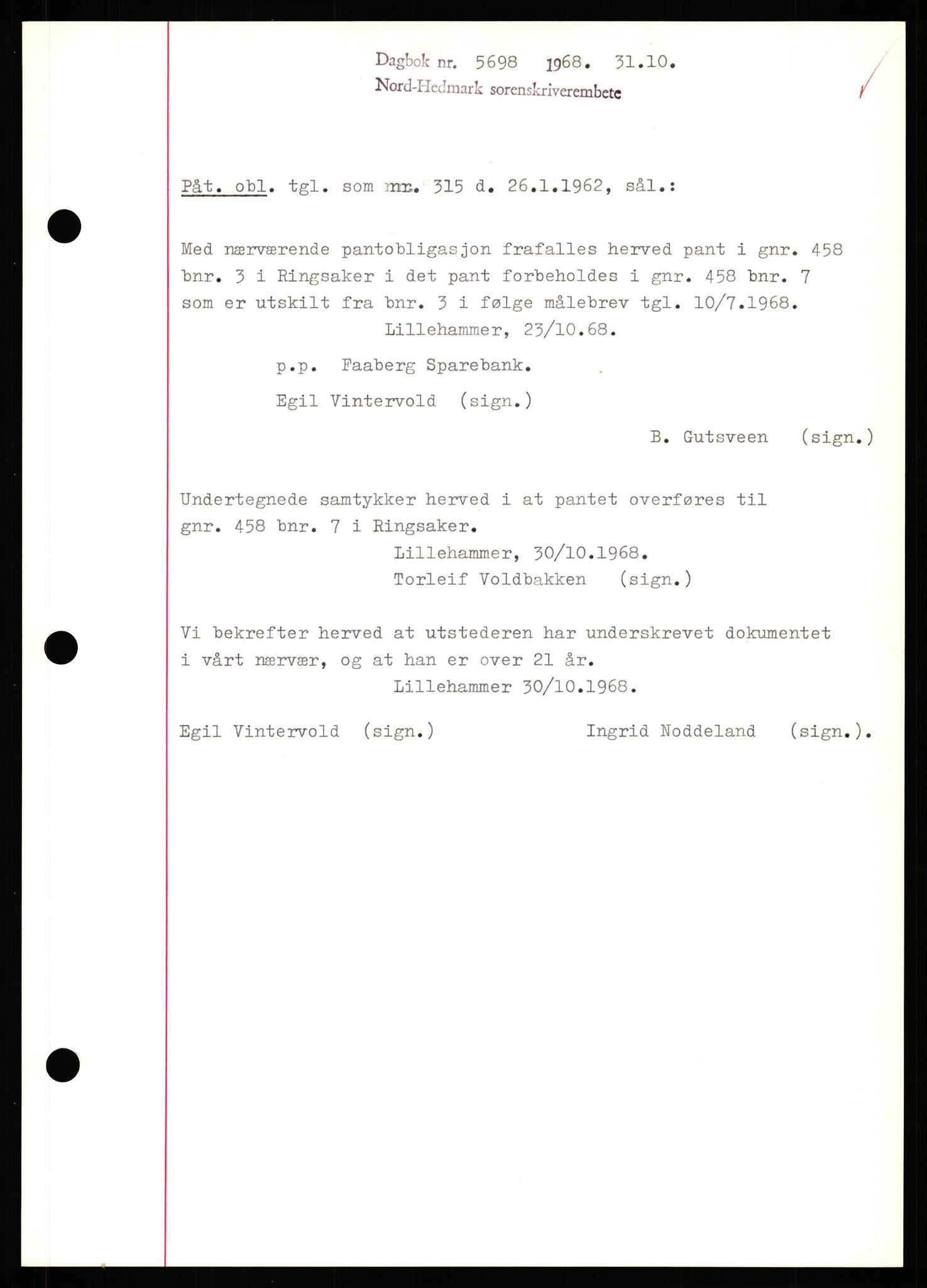Nord-Hedmark sorenskriveri, SAH/TING-012/H/Hb/Hbf/L0077: Mortgage book no. B77, 1968-1969, Diary no: : 5698/1968