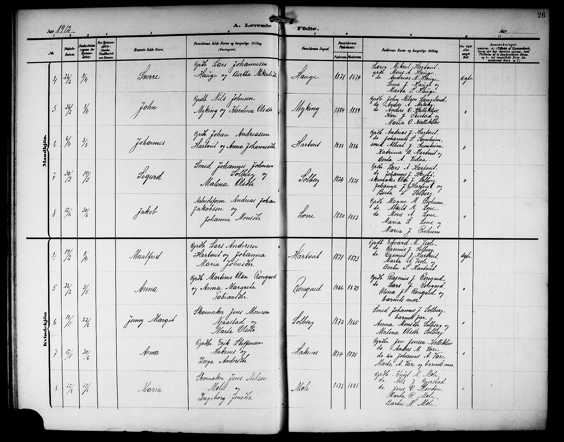 Haus sokneprestembete, AV/SAB-A-75601/H/Hab: Parish register (copy) no. C 4, 1907-1922, p. 26