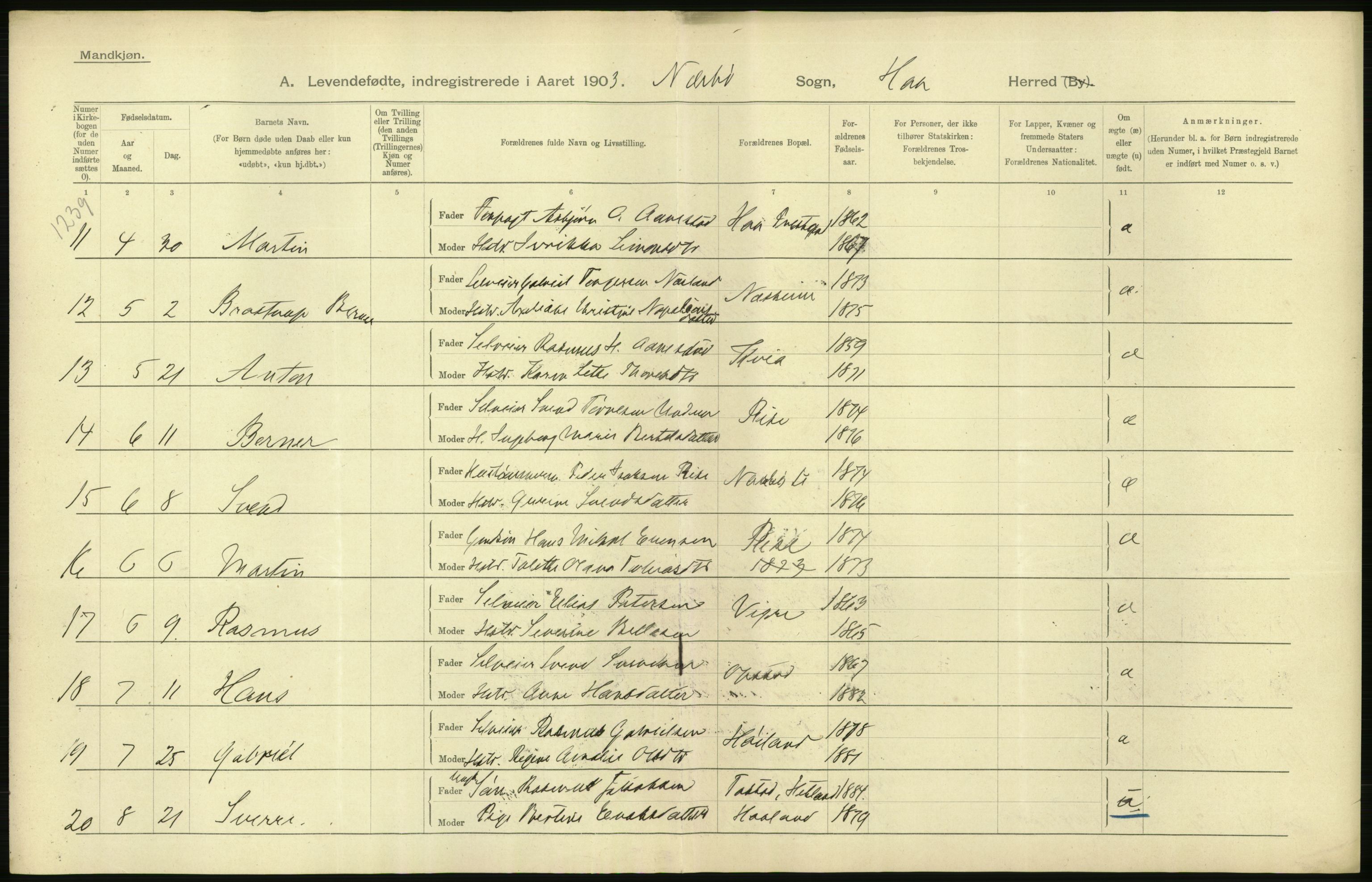 Statistisk sentralbyrå, Sosiodemografiske emner, Befolkning, AV/RA-S-2228/D/Df/Dfa/Dfaa/L0012: Stavanger amt: Fødte, gifte, døde, 1903, p. 46