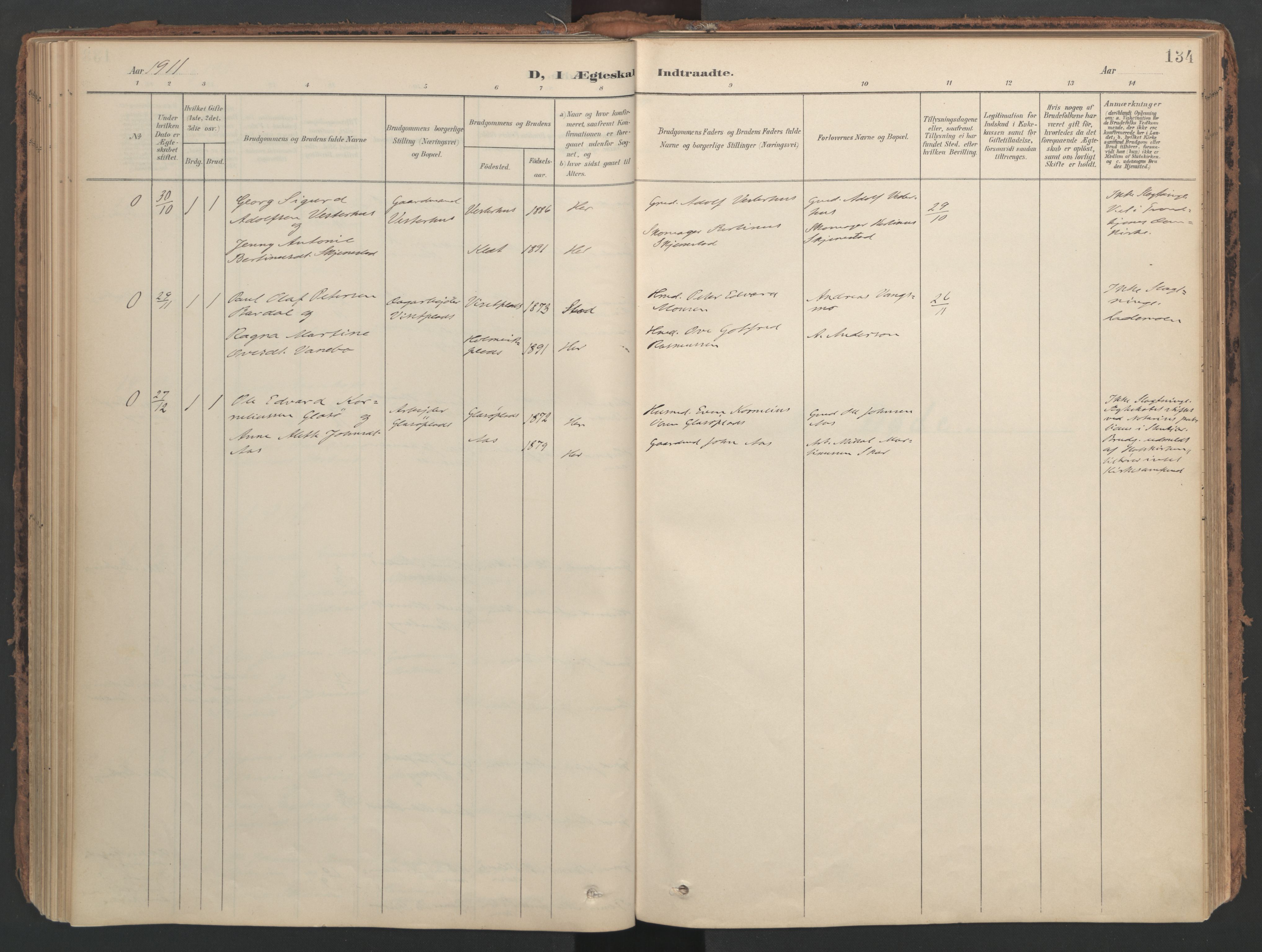 Ministerialprotokoller, klokkerbøker og fødselsregistre - Nord-Trøndelag, AV/SAT-A-1458/741/L0397: Parish register (official) no. 741A11, 1901-1911, p. 134