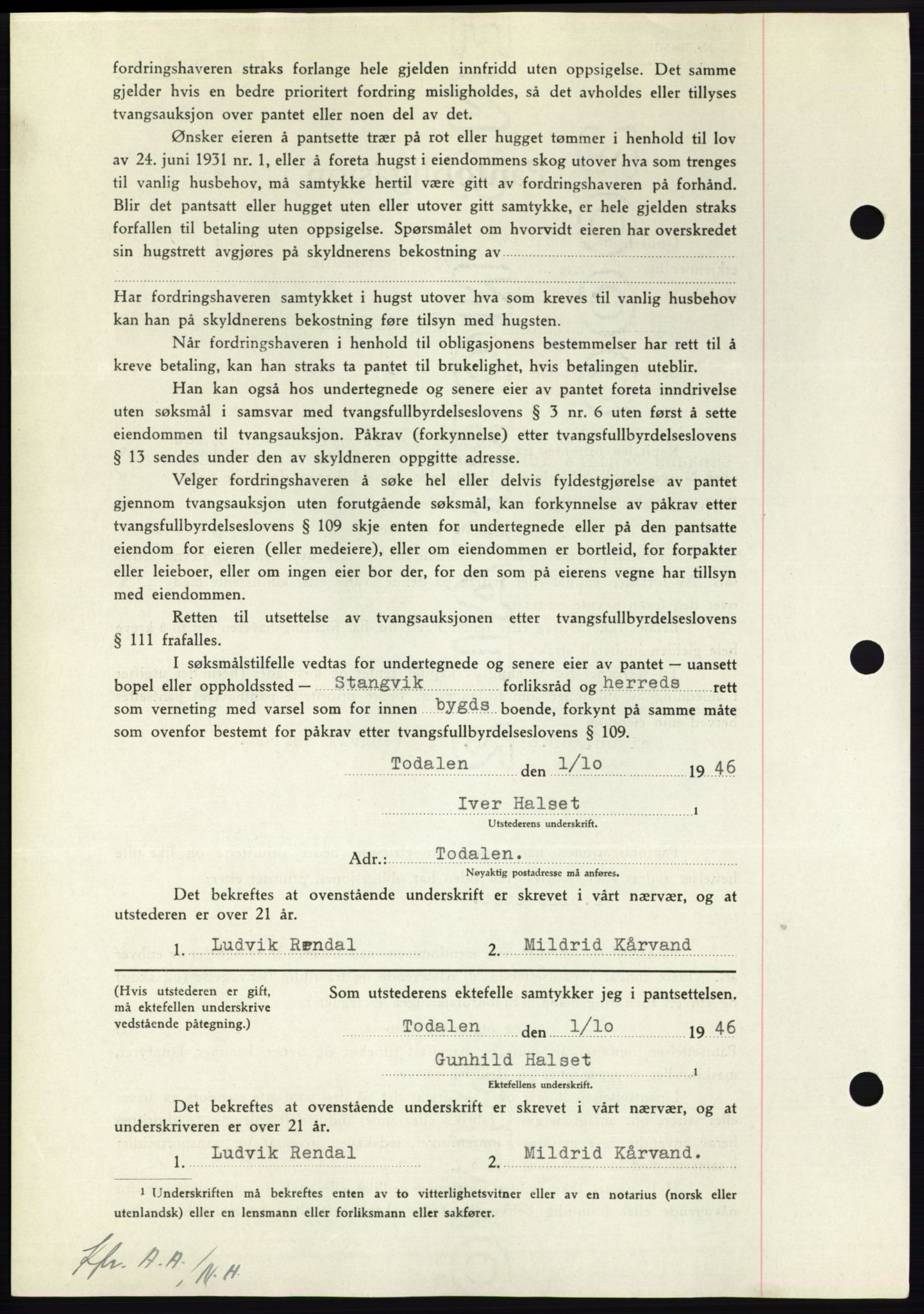 Nordmøre sorenskriveri, AV/SAT-A-4132/1/2/2Ca: Mortgage book no. B95, 1946-1947, Diary no: : 2287/1946