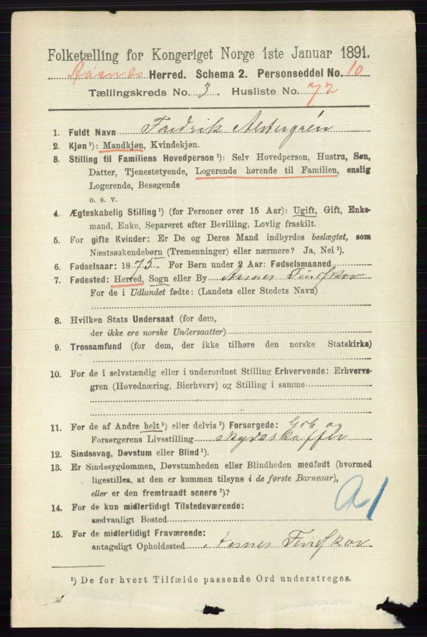 RA, 1891 census for 0425 Åsnes, 1891, p. 1540