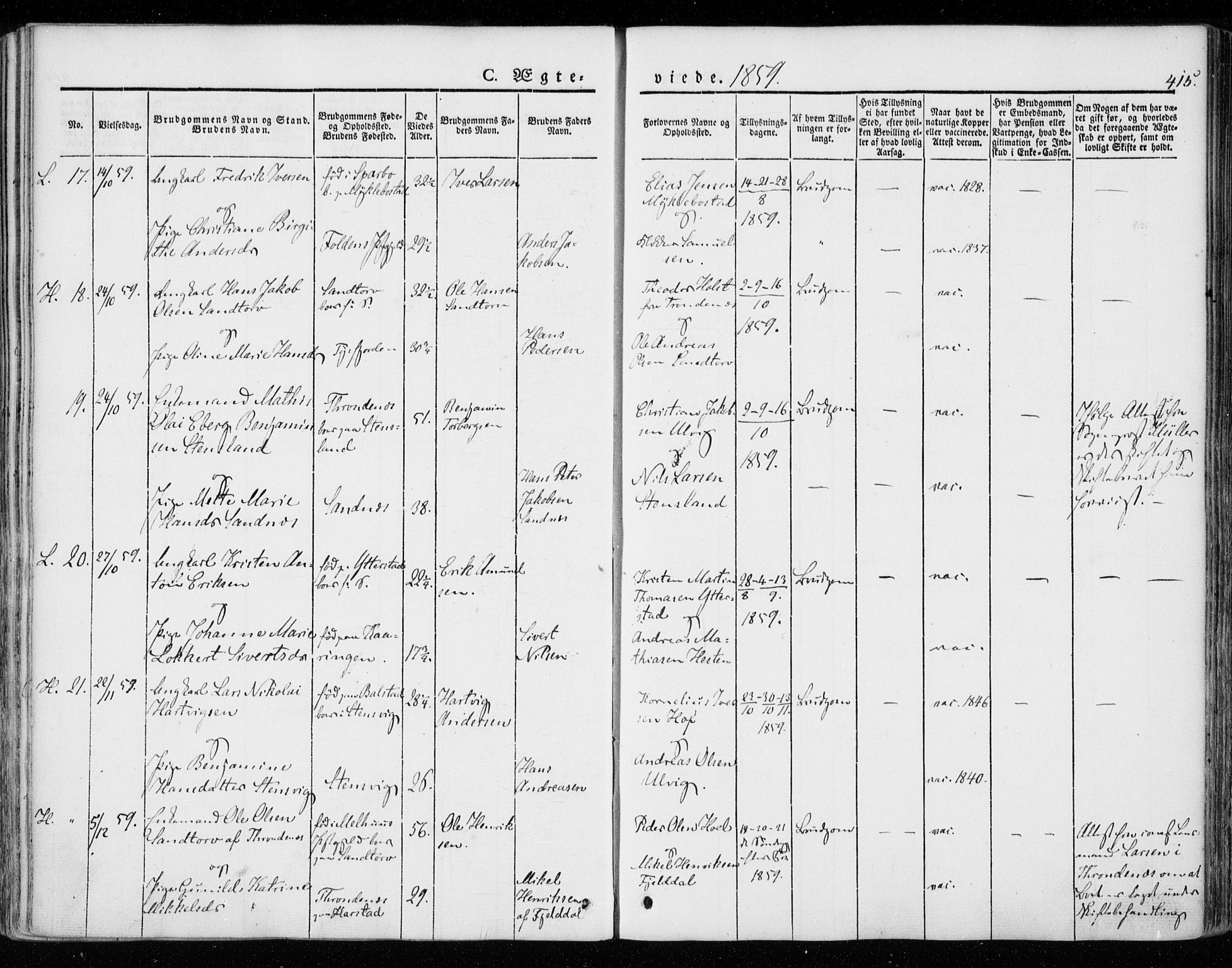 Ministerialprotokoller, klokkerbøker og fødselsregistre - Nordland, AV/SAT-A-1459/872/L1033: Parish register (official) no. 872A08, 1840-1863, p. 415