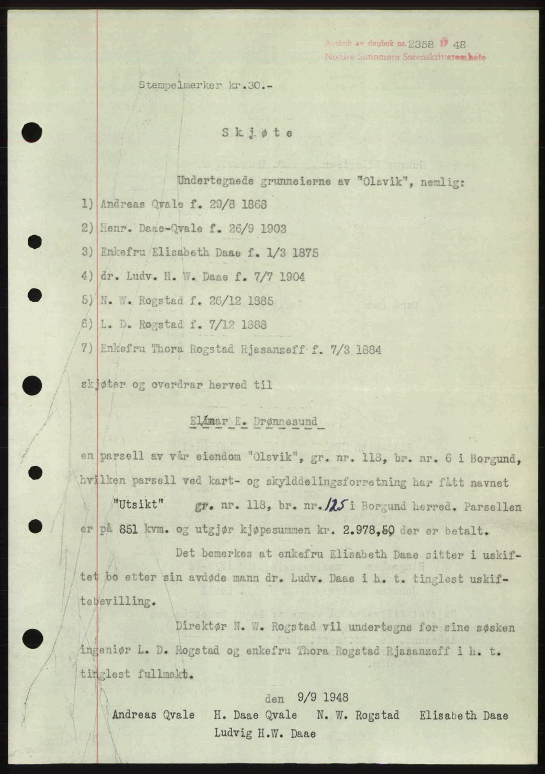 Nordre Sunnmøre sorenskriveri, AV/SAT-A-0006/1/2/2C/2Ca: Mortgage book no. A29, 1948-1949, Diary no: : 2358/1948