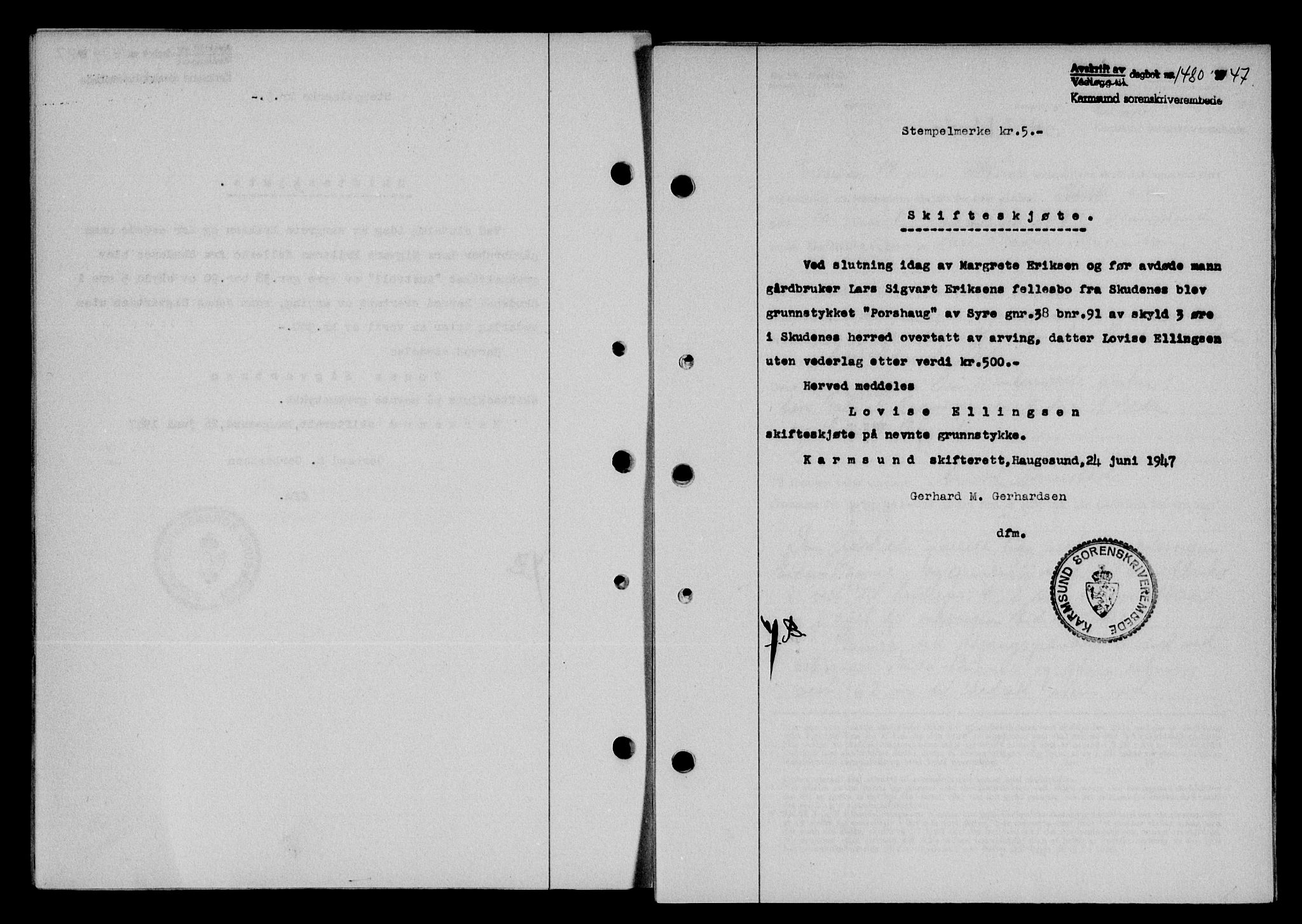 Karmsund sorenskriveri, SAST/A-100311/01/II/IIB/L0090: Mortgage book no. 70A, 1947-1947, Diary no: : 1480/1947