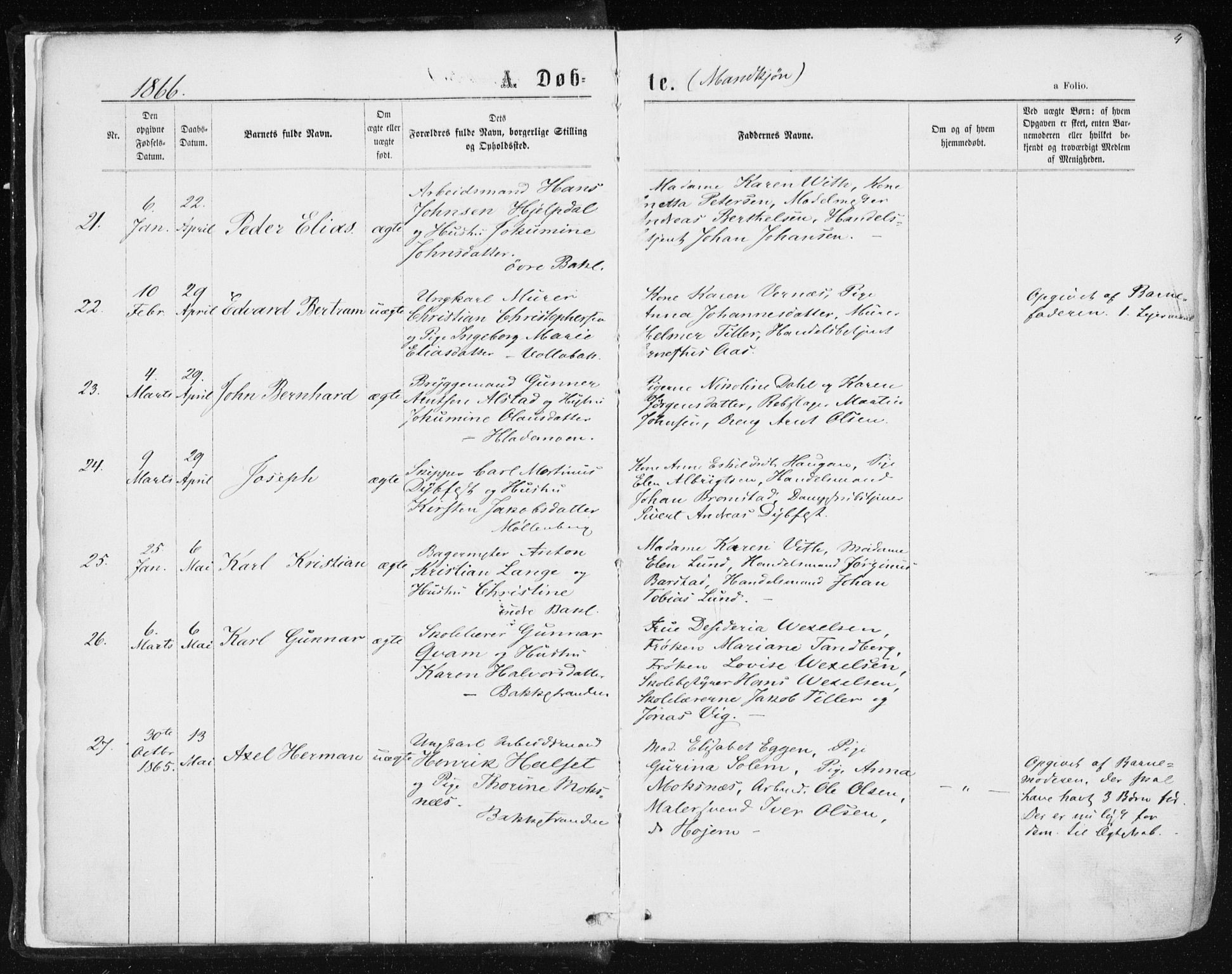 Ministerialprotokoller, klokkerbøker og fødselsregistre - Sør-Trøndelag, SAT/A-1456/604/L0186: Parish register (official) no. 604A07, 1866-1877, p. 4