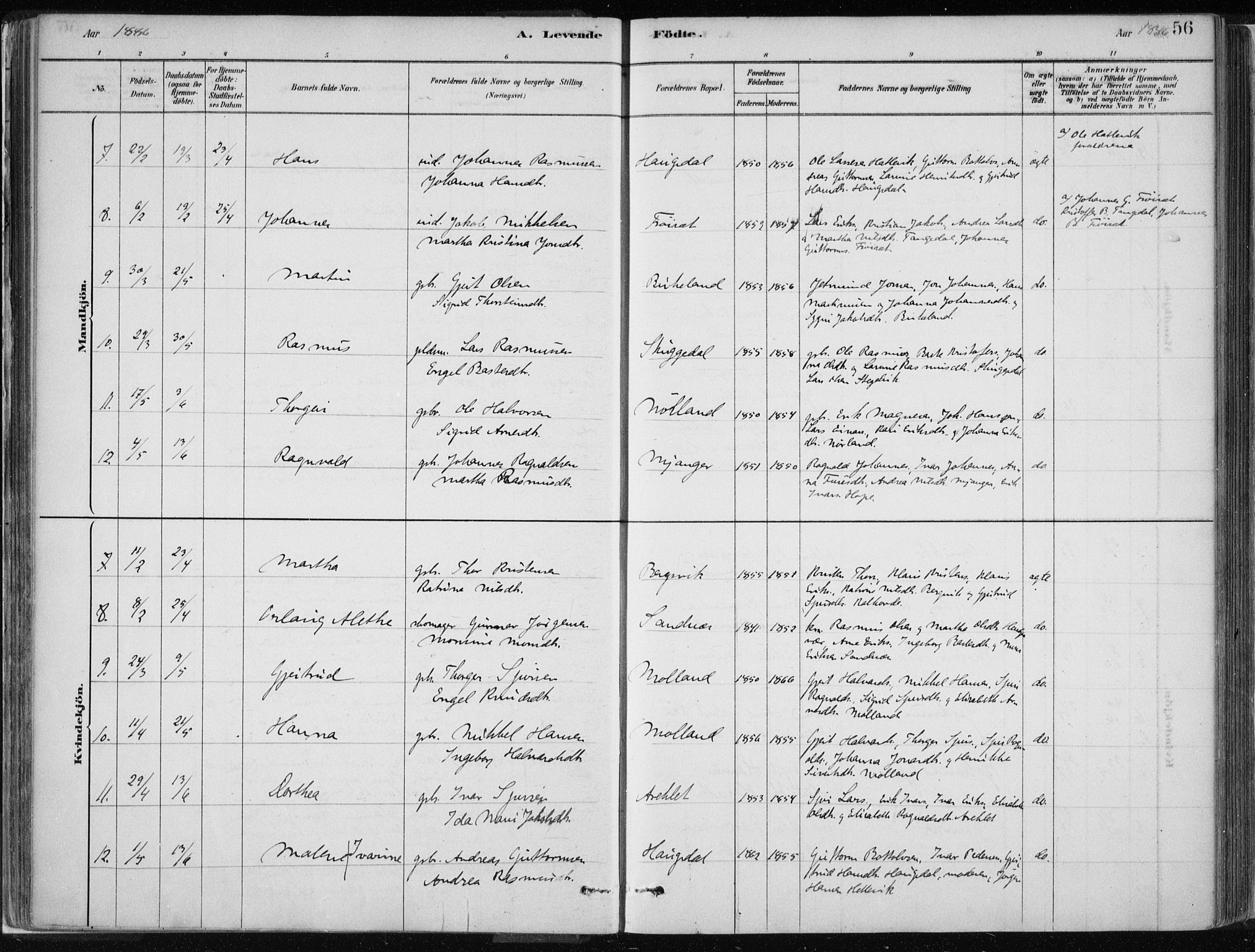 Masfjorden Sokneprestembete, SAB/A-77001: Parish register (official) no. B  1, 1876-1899, p. 56
