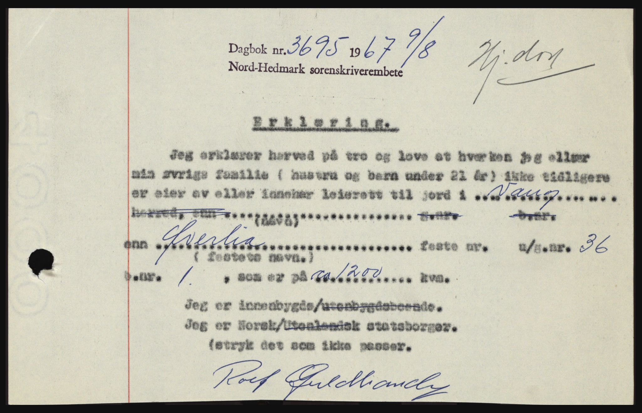Nord-Hedmark sorenskriveri, SAH/TING-012/H/Hc/L0026: Mortgage book no. 26, 1967-1967, Diary no: : 3695/1967