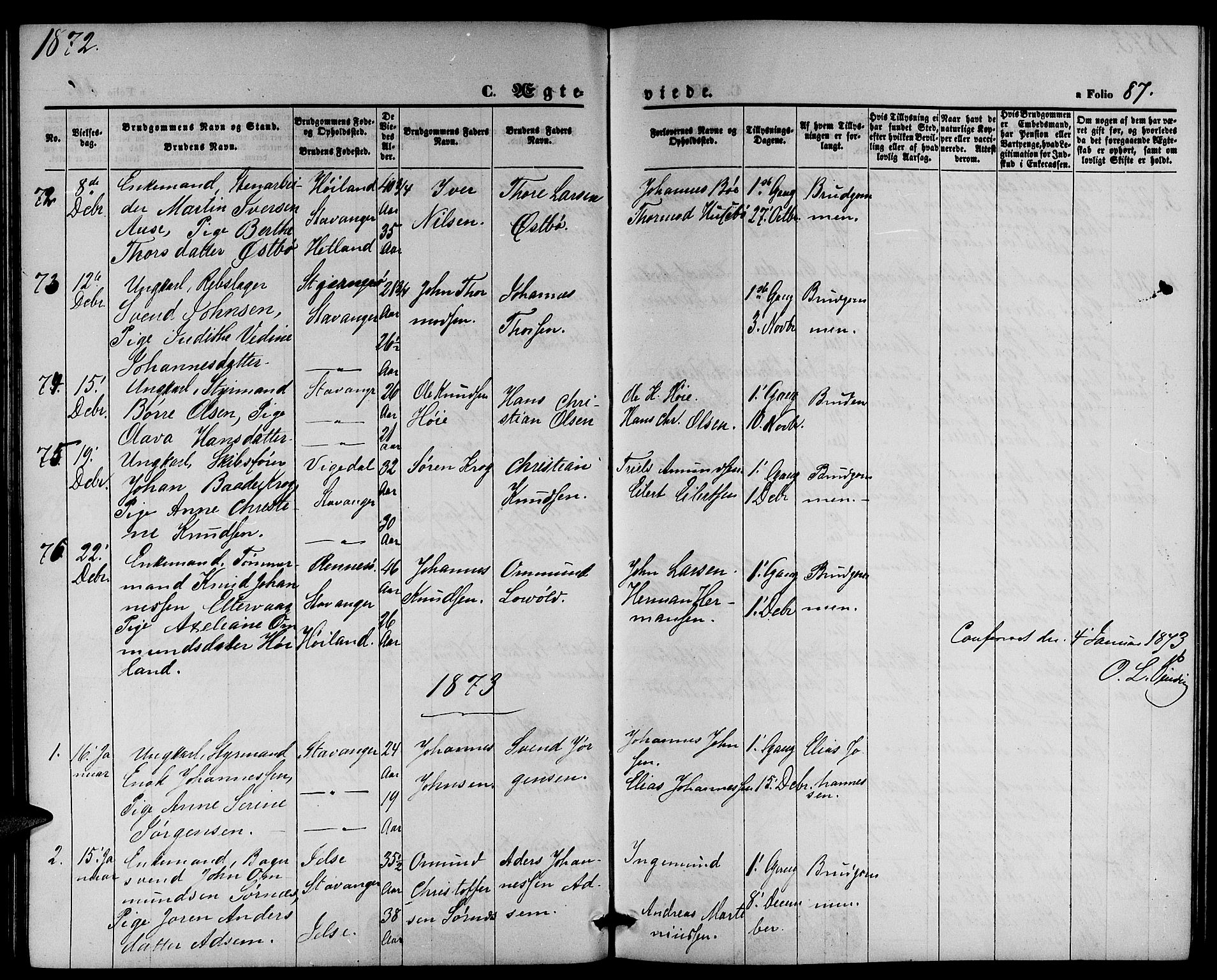 St. Petri sokneprestkontor, SAST/A-101813/001/30/30BB/L0002: Parish register (copy) no. B 2, 1865-1885, p. 87