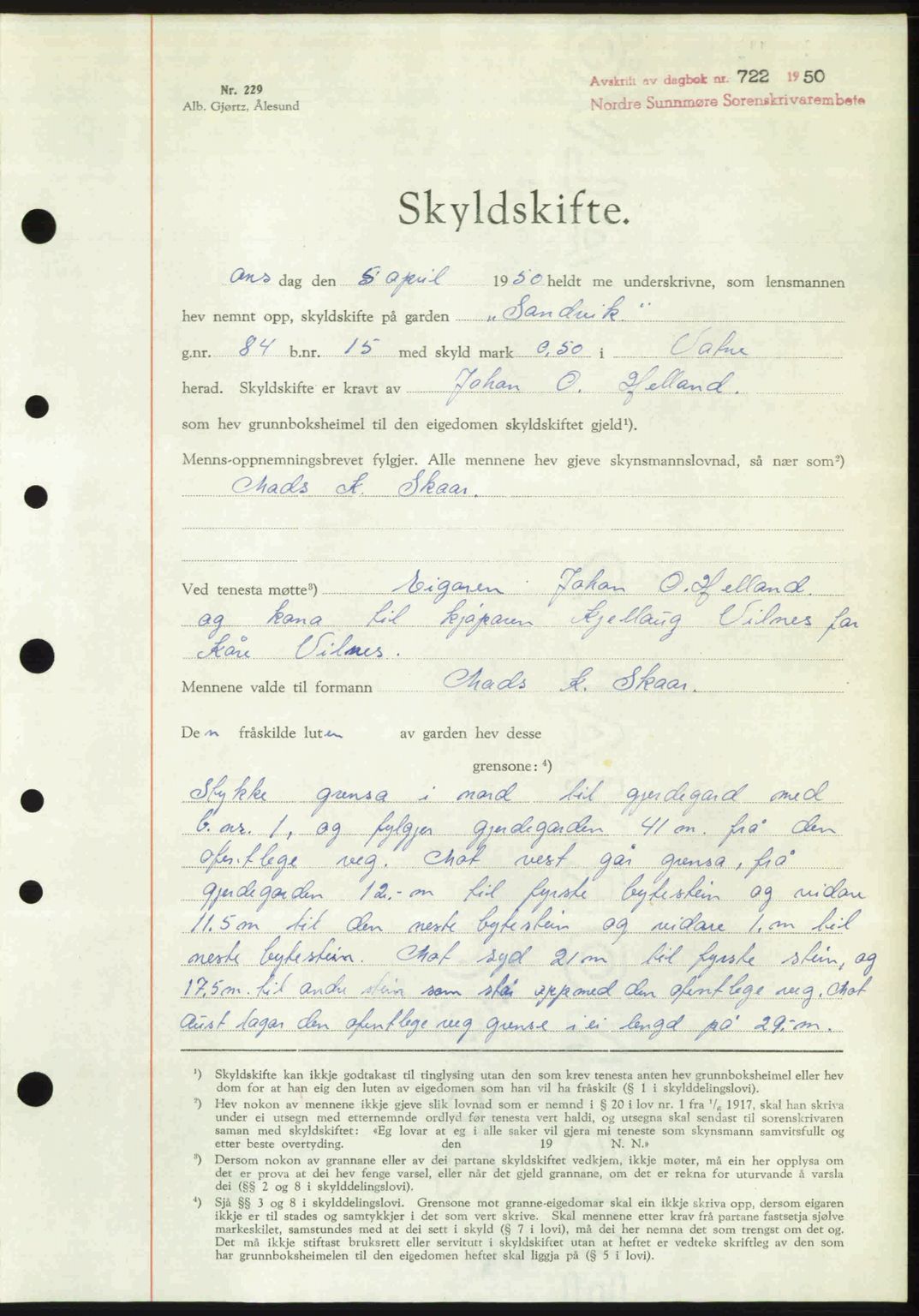 Nordre Sunnmøre sorenskriveri, AV/SAT-A-0006/1/2/2C/2Ca: Mortgage book no. A34, 1950-1950, Diary no: : 722/1950