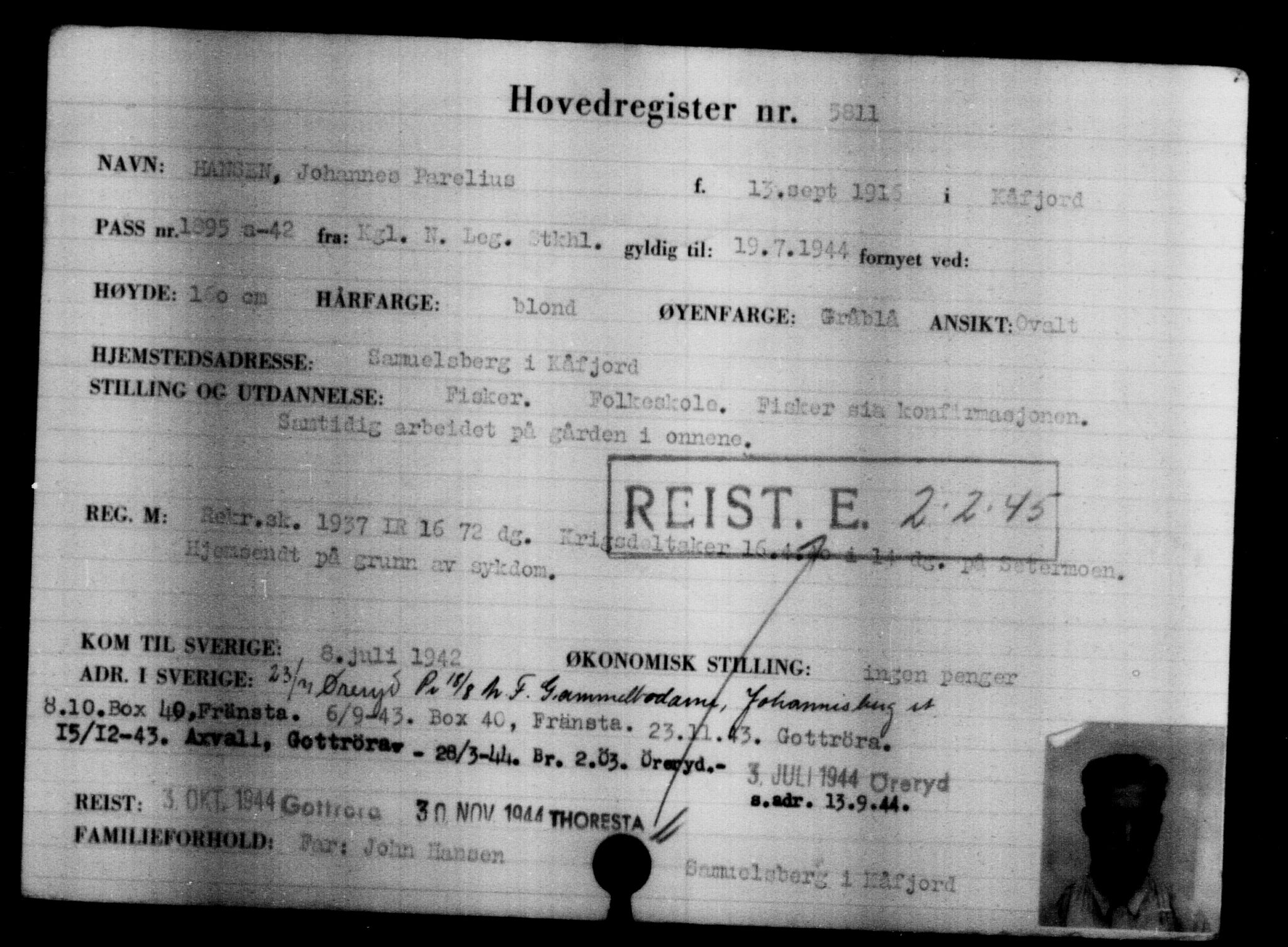 Utenriksstasjonene, Legasjonen i Stockholm, Flyktningkontoret, AV/RA-S-6753/V/Va/L0004: Kjesäterkartoteket, flyktninger med registreringsnr. 3496-6610, 1940-1945, p. 2693