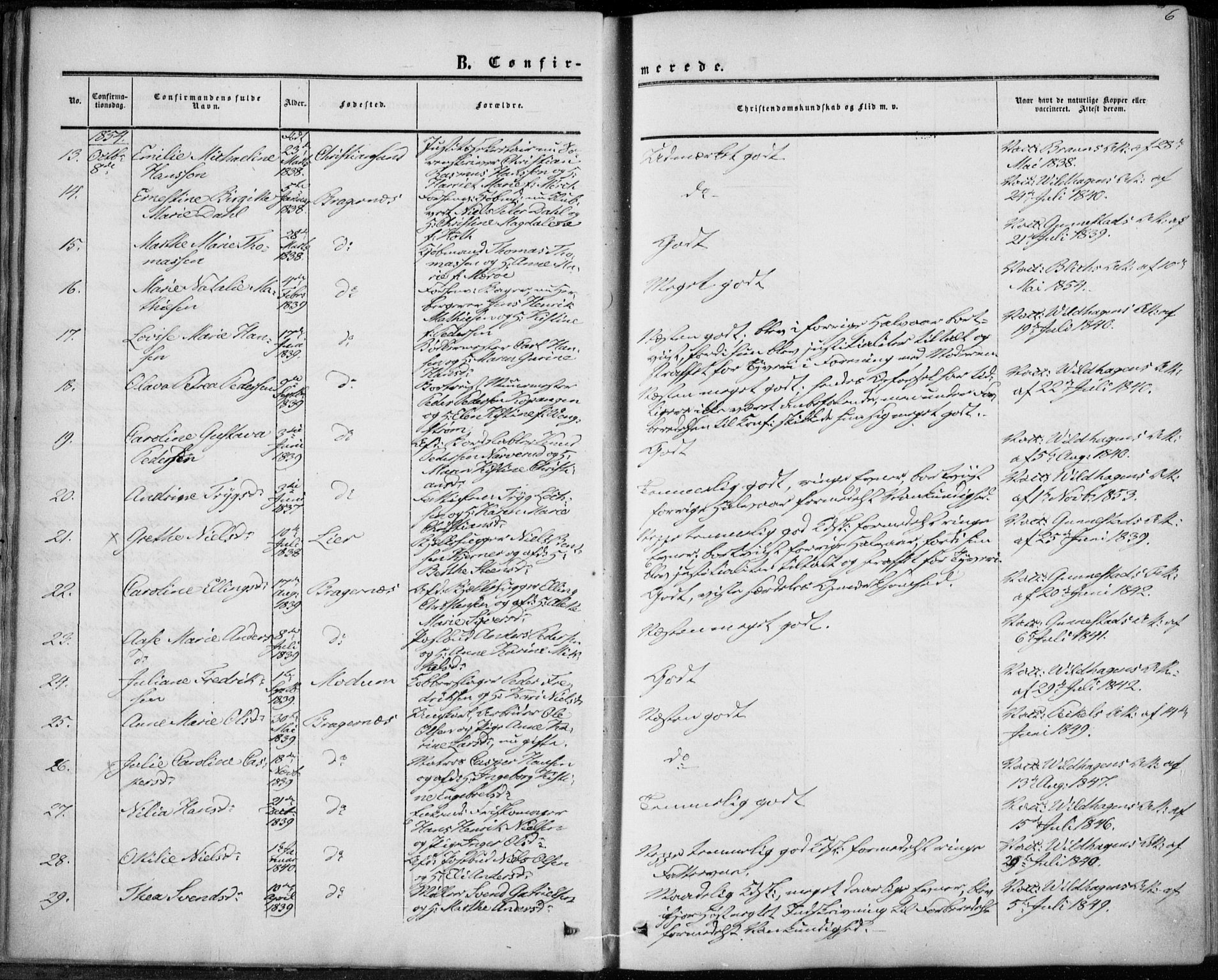 Bragernes kirkebøker, AV/SAKO-A-6/F/Fc/L0002: Parish register (official) no. III 2, 1854-1865, p. 6