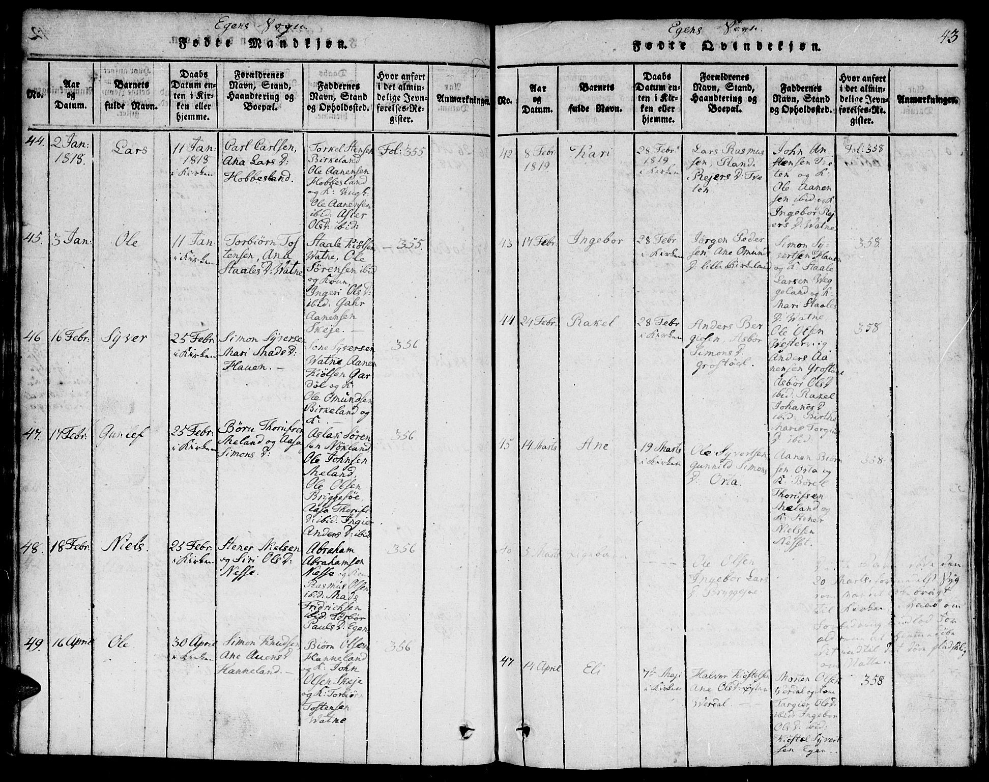 Hægebostad sokneprestkontor, SAK/1111-0024/F/Fa/Faa/L0002: Parish register (official) no. A 2 /2, 1816-1824, p. 43