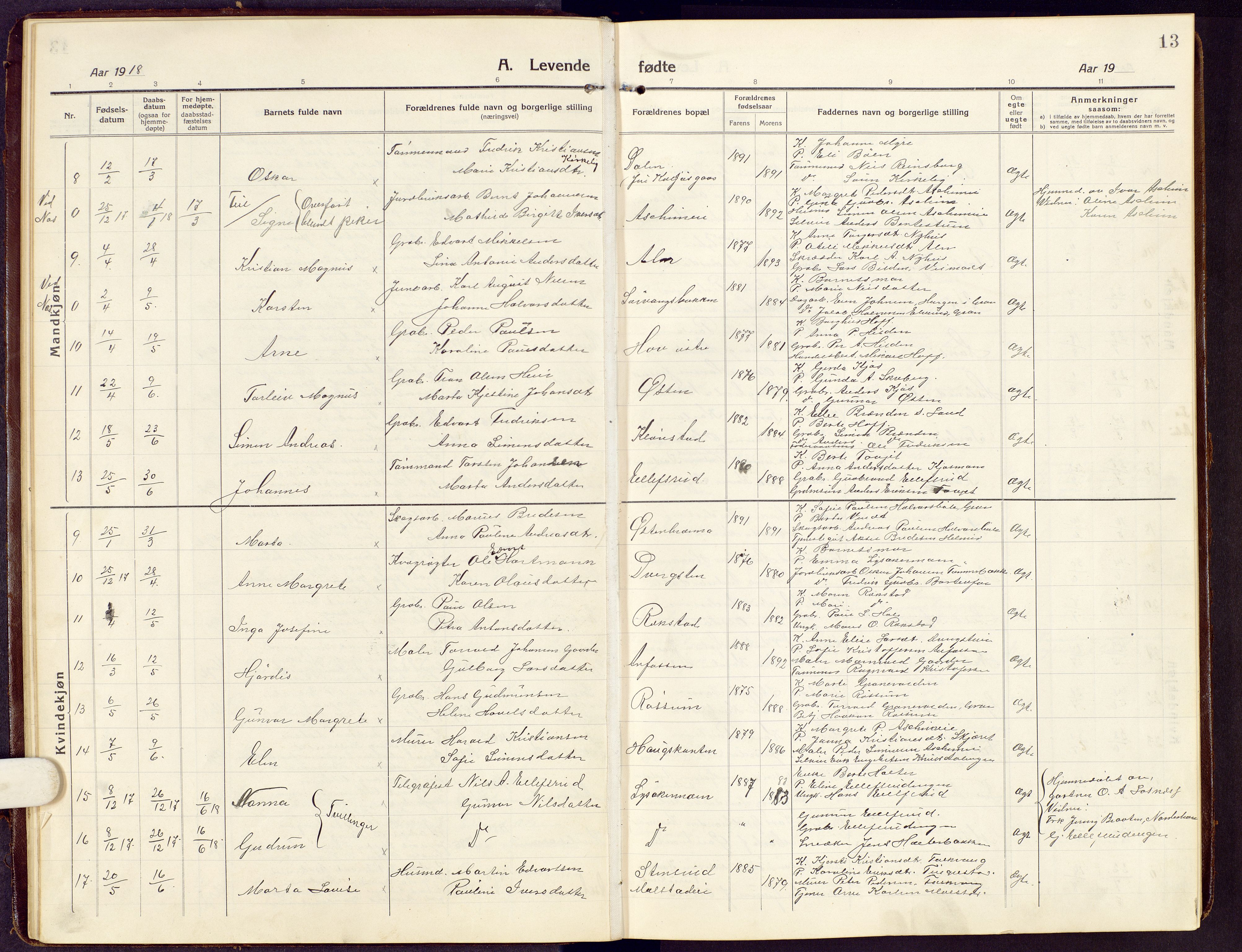 Brandbu prestekontor, SAH/PREST-114/H/Ha/Hab/L0010: Parish register (copy) no. 10, 1916-1930, p. 13
