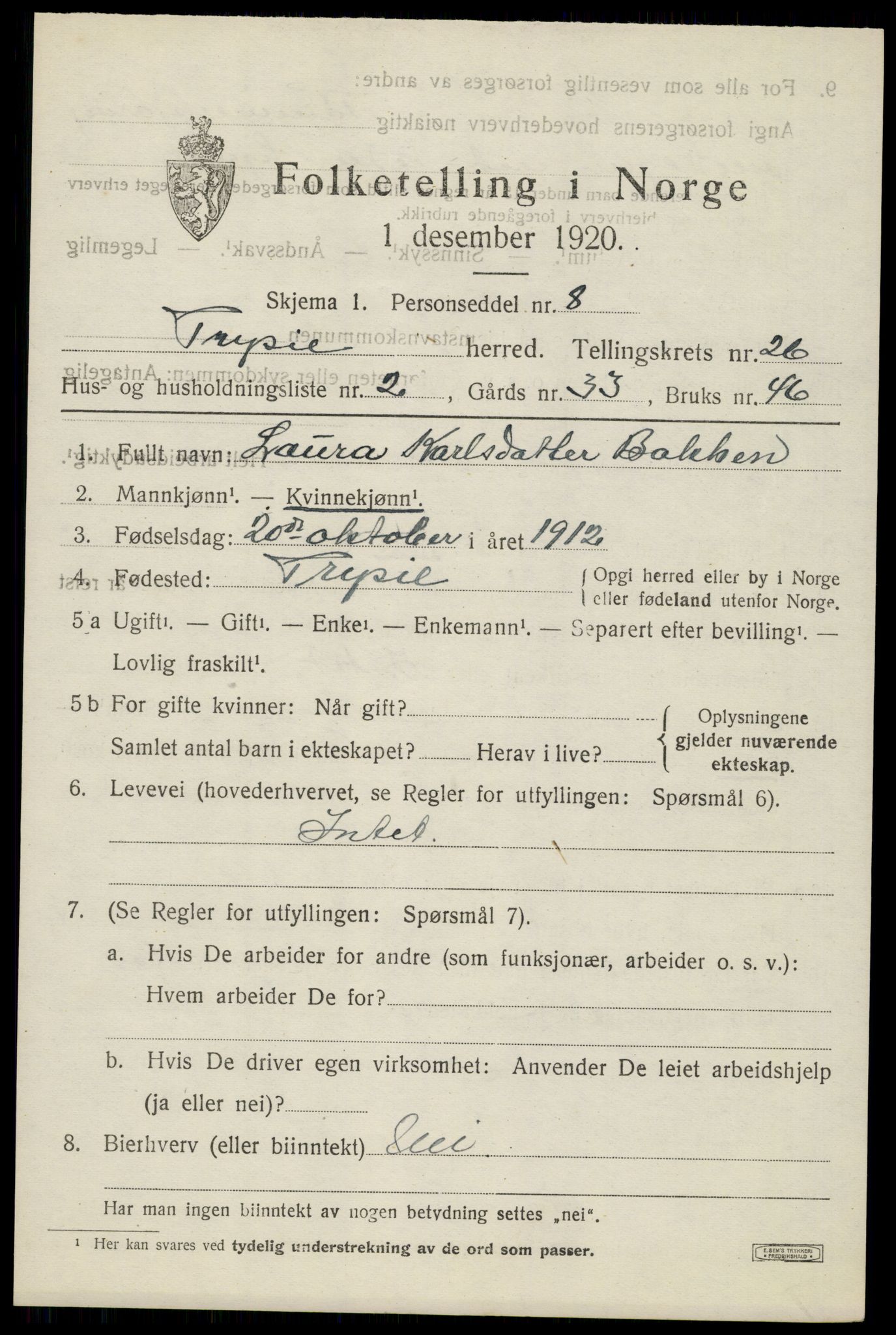 SAH, 1920 census for Trysil, 1920, p. 16131