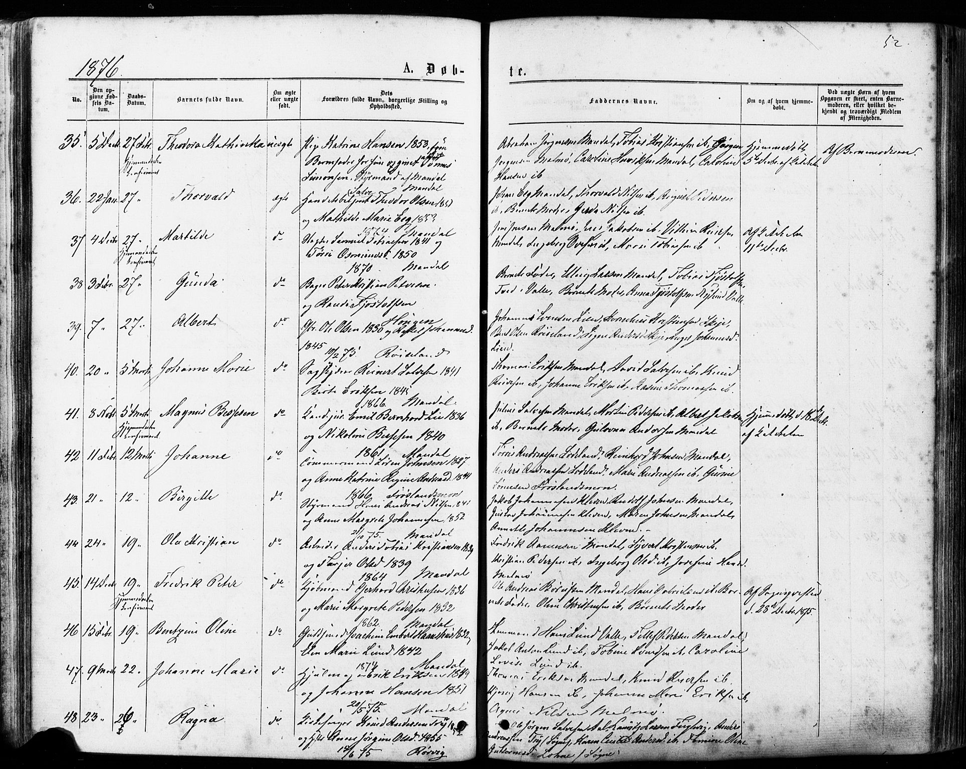 Mandal sokneprestkontor, AV/SAK-1111-0030/F/Fa/Faa/L0015: Parish register (official) no. A 15, 1873-1879, p. 52