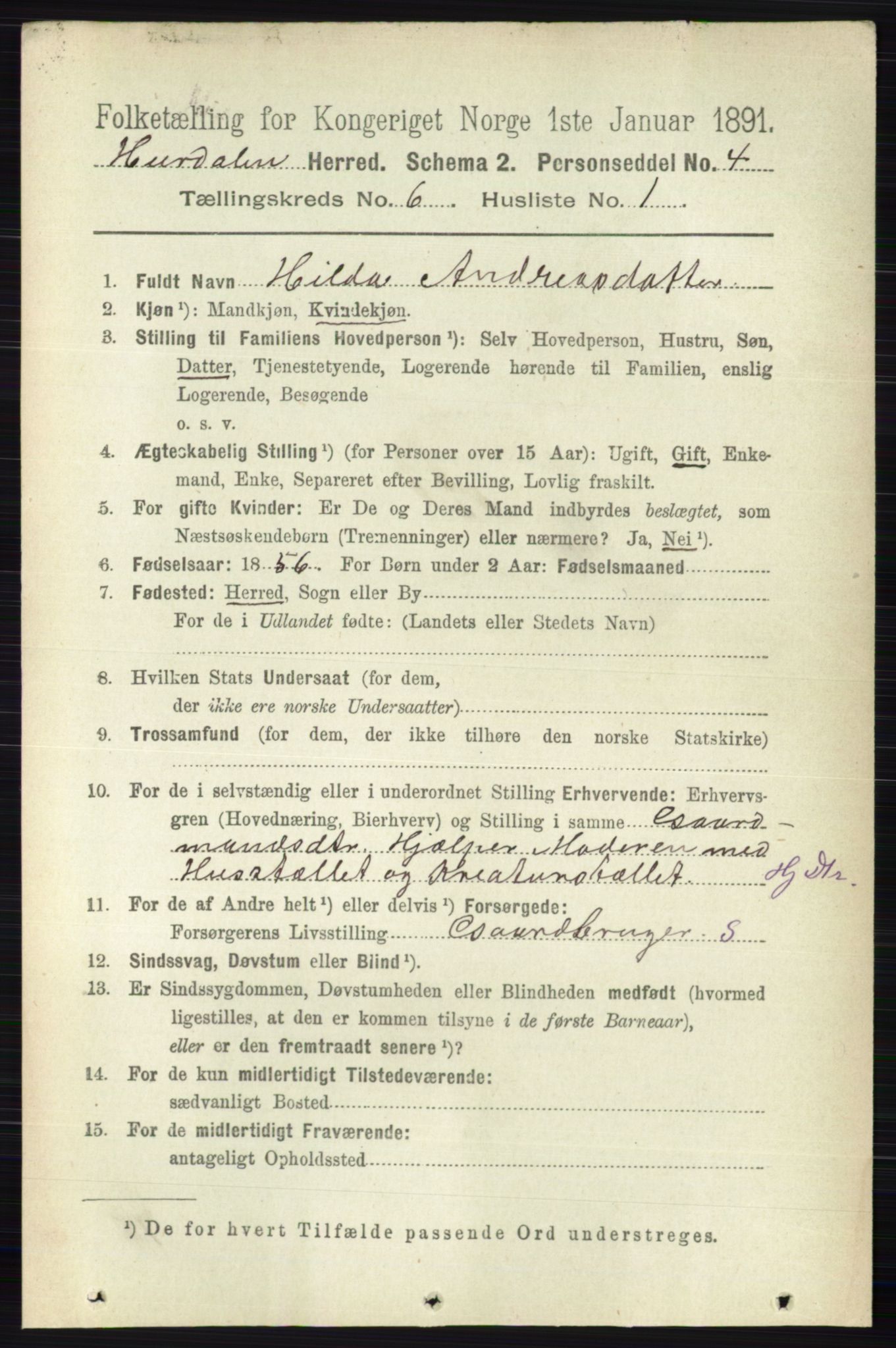 RA, 1891 census for 0239 Hurdal, 1891, p. 2193