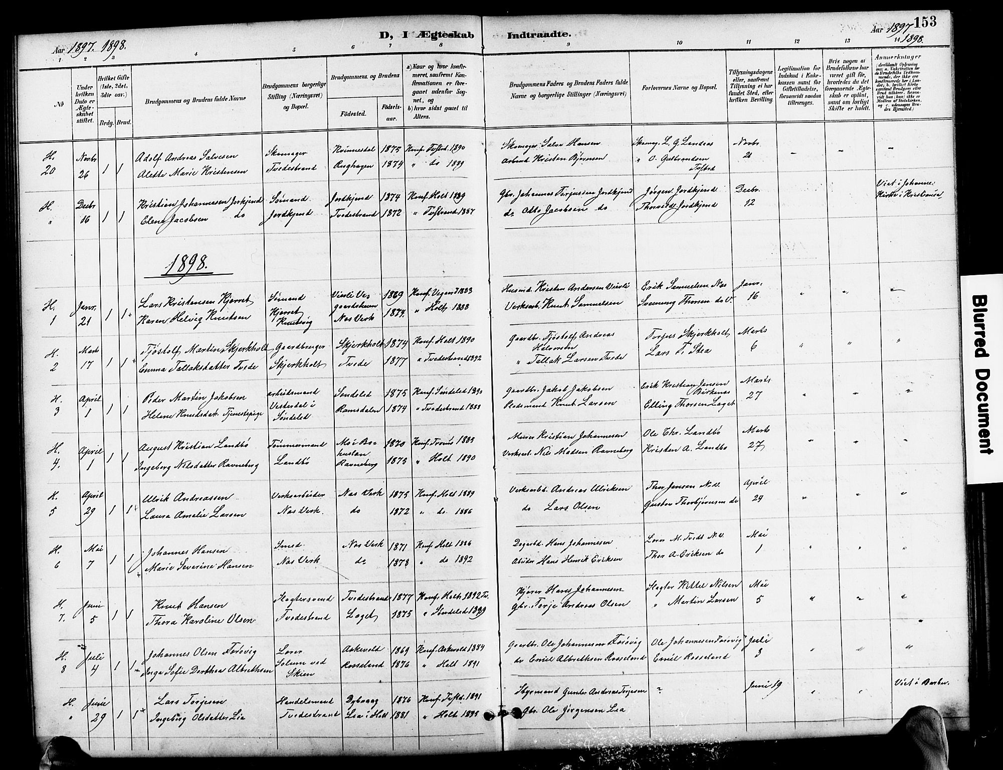Holt sokneprestkontor, SAK/1111-0021/F/Fb/L0011: Parish register (copy) no. B 11, 1897-1921, p. 153