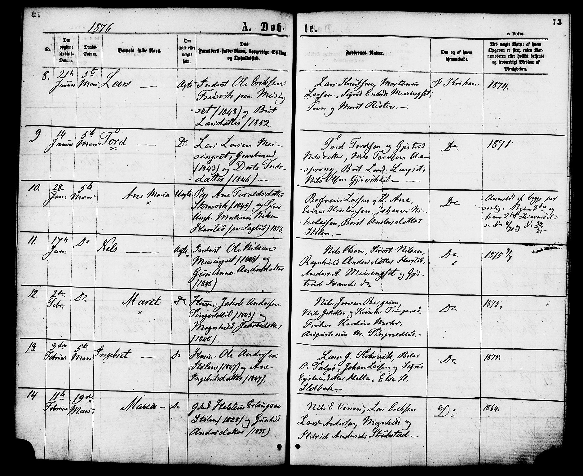 Ministerialprotokoller, klokkerbøker og fødselsregistre - Møre og Romsdal, AV/SAT-A-1454/586/L0986: Parish register (official) no. 586A12, 1867-1878, p. 73