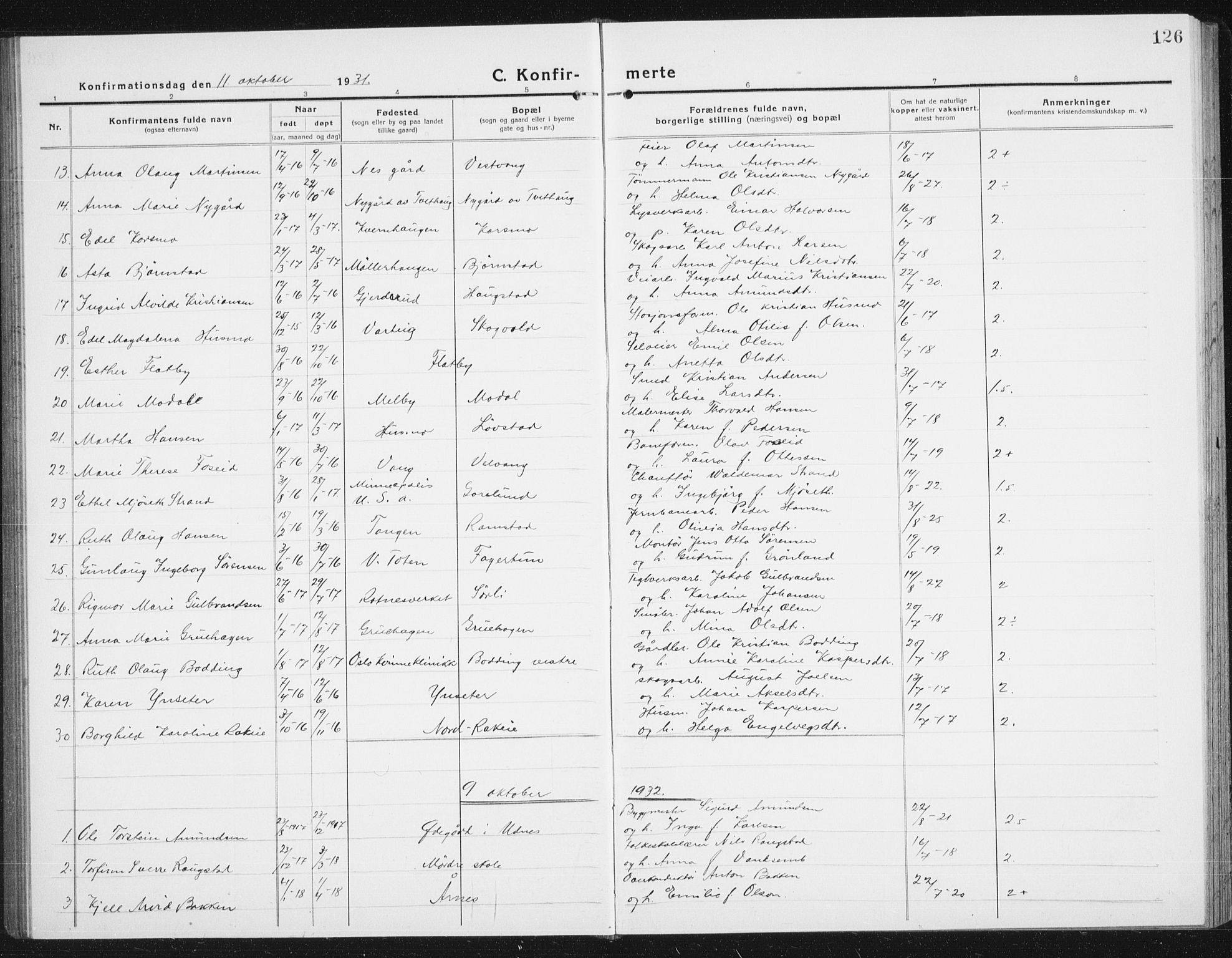 Nes prestekontor Kirkebøker, SAO/A-10410/G/Gc/L0002: Parish register (copy) no. III 2, 1915-1943, p. 126
