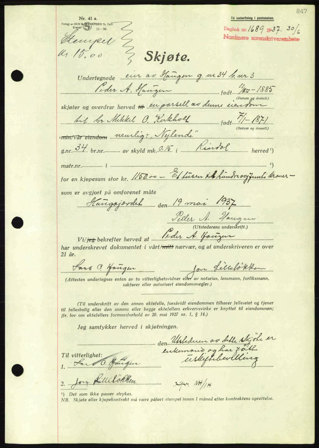 Nordmøre sorenskriveri, AV/SAT-A-4132/1/2/2Ca: Mortgage book no. A81, 1937-1937, Diary no: : 1689/1937