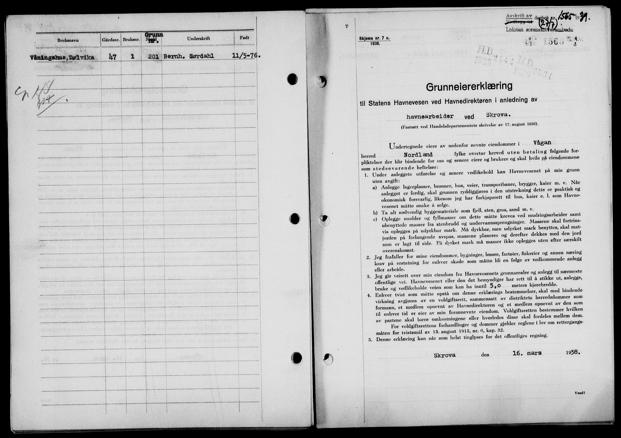 Lofoten sorenskriveri, SAT/A-0017/1/2/2C/L0006a: Mortgage book no. 6a, 1939-1939, Diary no: : 1565/1939
