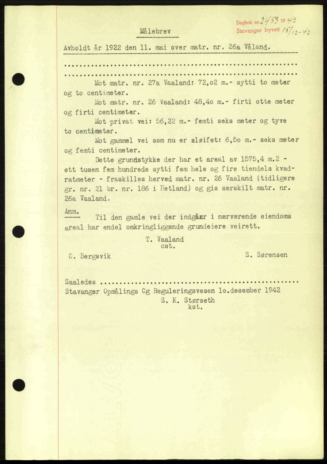 Stavanger byrett, SAST/A-100455/002/G/Gb/L0017: Mortgage book no. A7, 1941-1943, Diary no: : 2453/1942