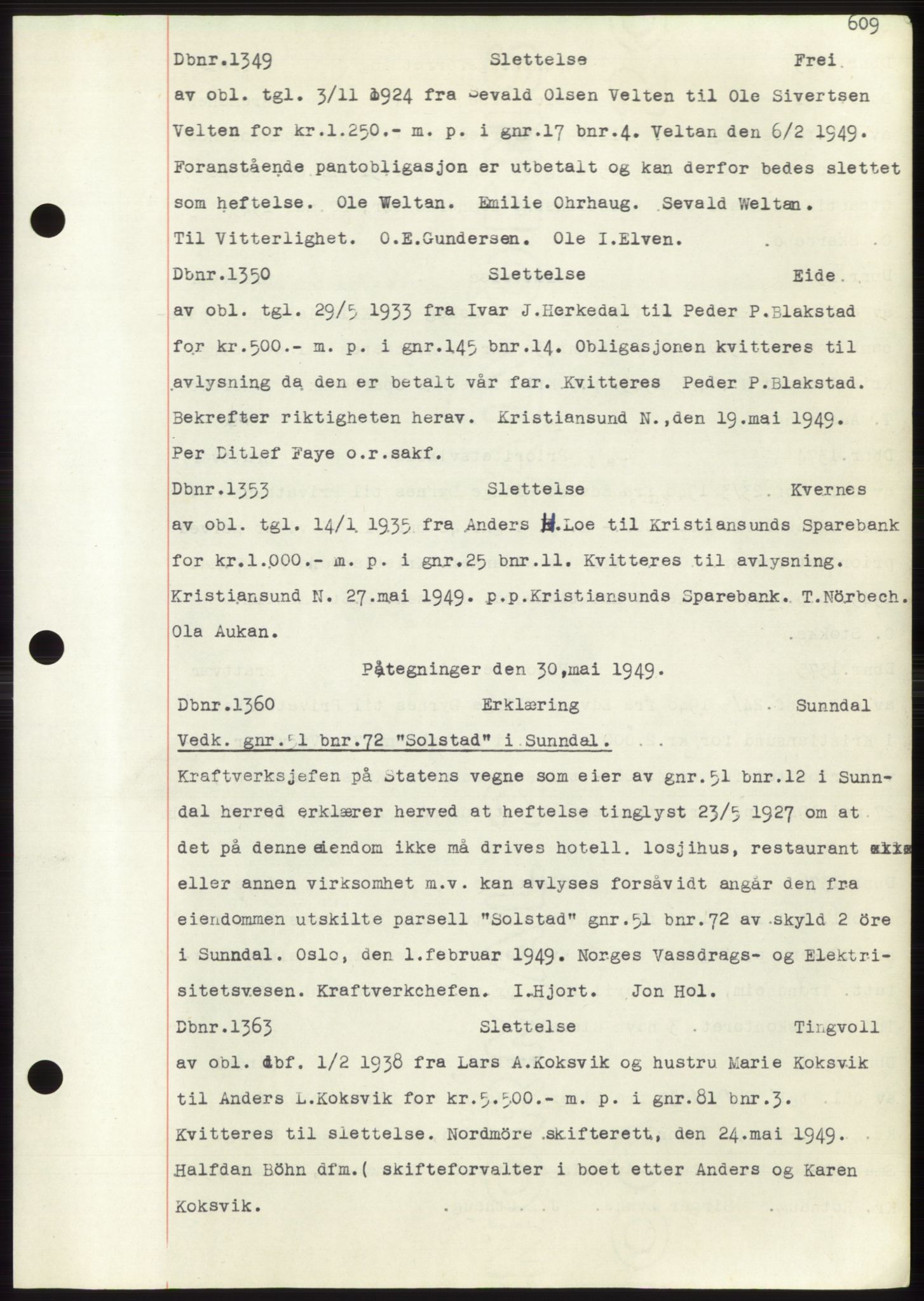 Nordmøre sorenskriveri, SAT/A-4132/1/2/2Ca: Mortgage book no. C82b, 1946-1951, Diary no: : 1349/1949