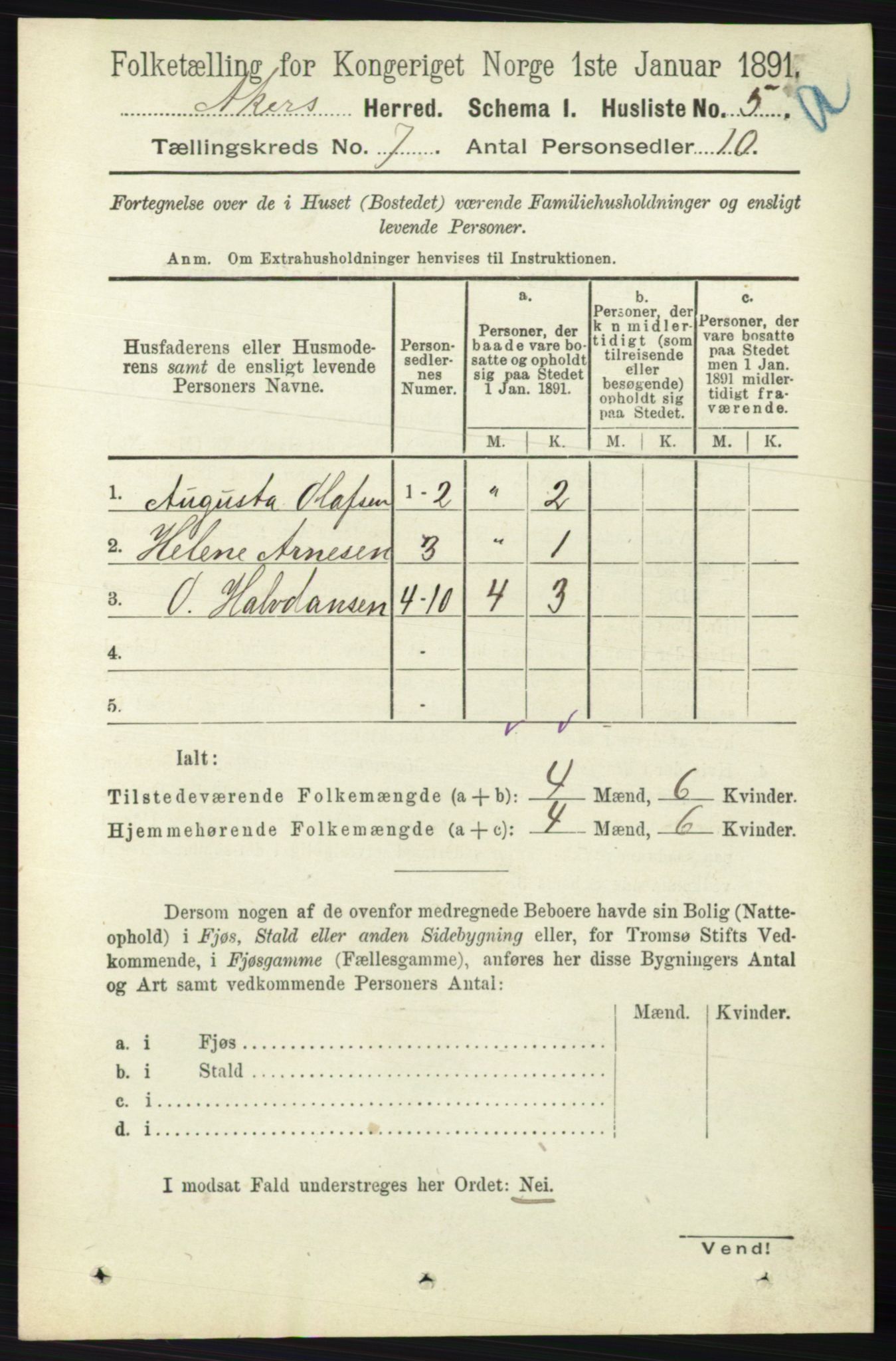 RA, 1891 census for 0218 Aker, 1891, p. 6147