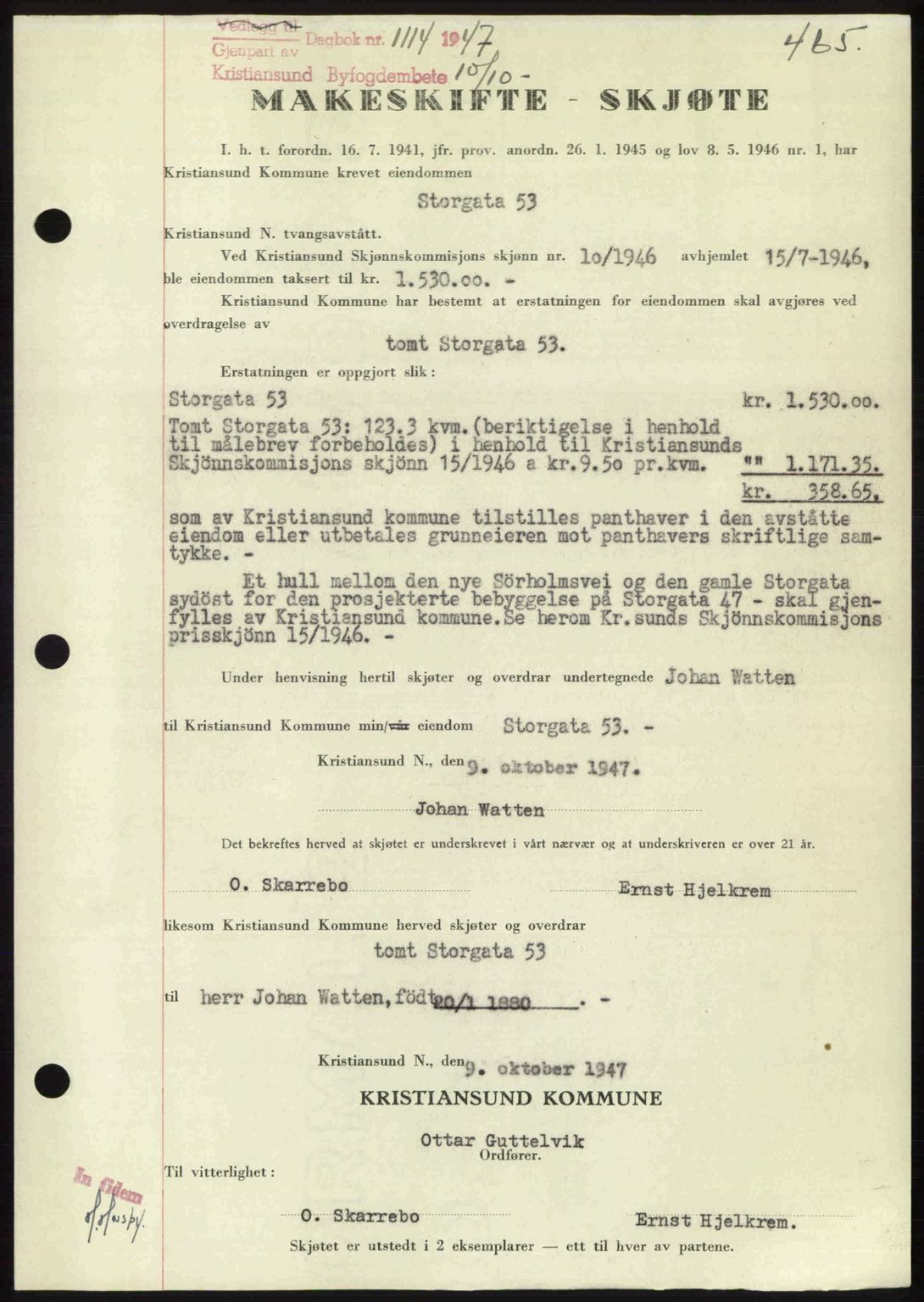 Kristiansund byfogd, AV/SAT-A-4587/A/27: Mortgage book no. 39b, 1946-1947, Diary no: : 1114/1947