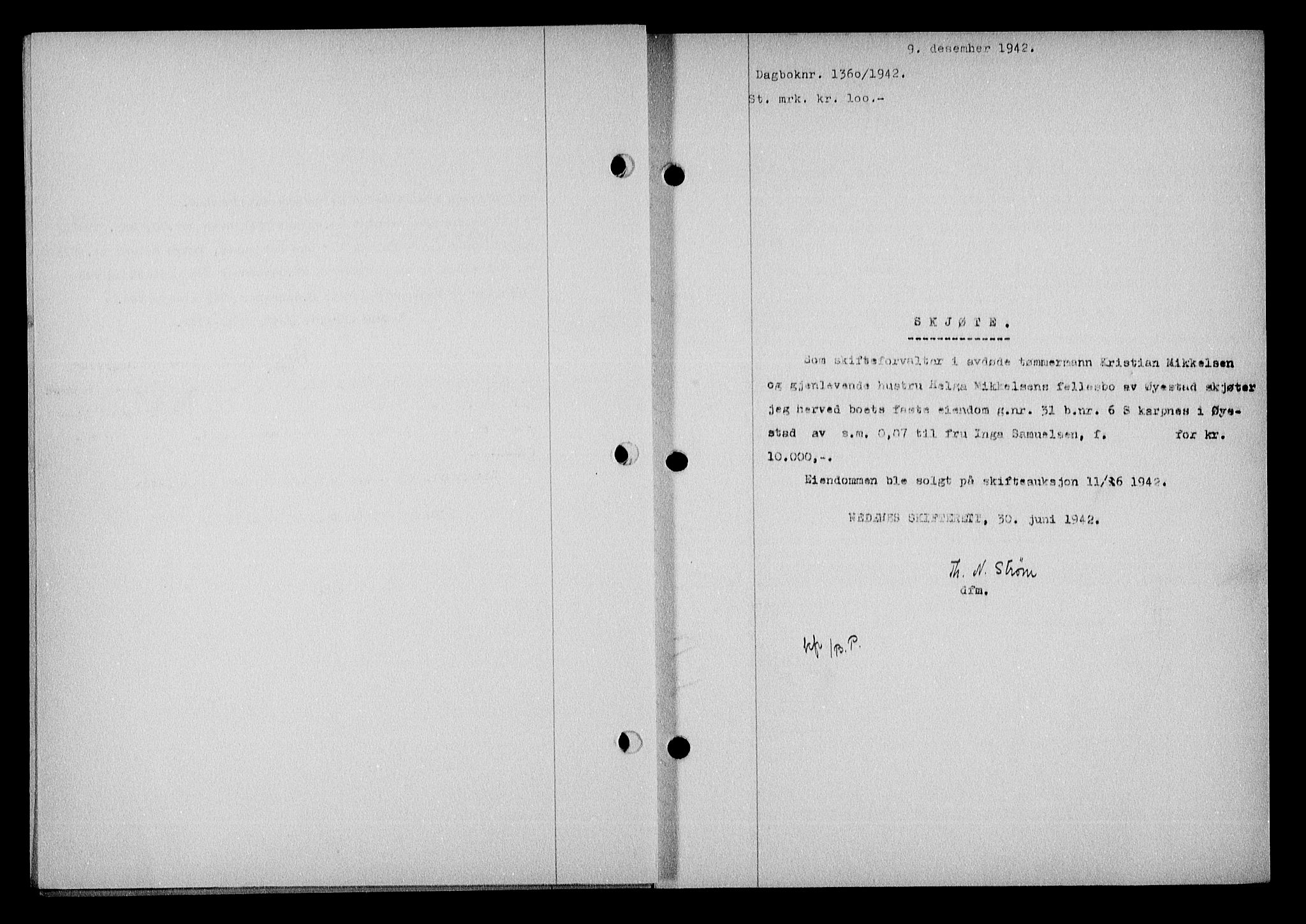 Nedenes sorenskriveri, SAK/1221-0006/G/Gb/Gba/L0050: Mortgage book no. A-IV, 1942-1943, Diary no: : 1360/1942
